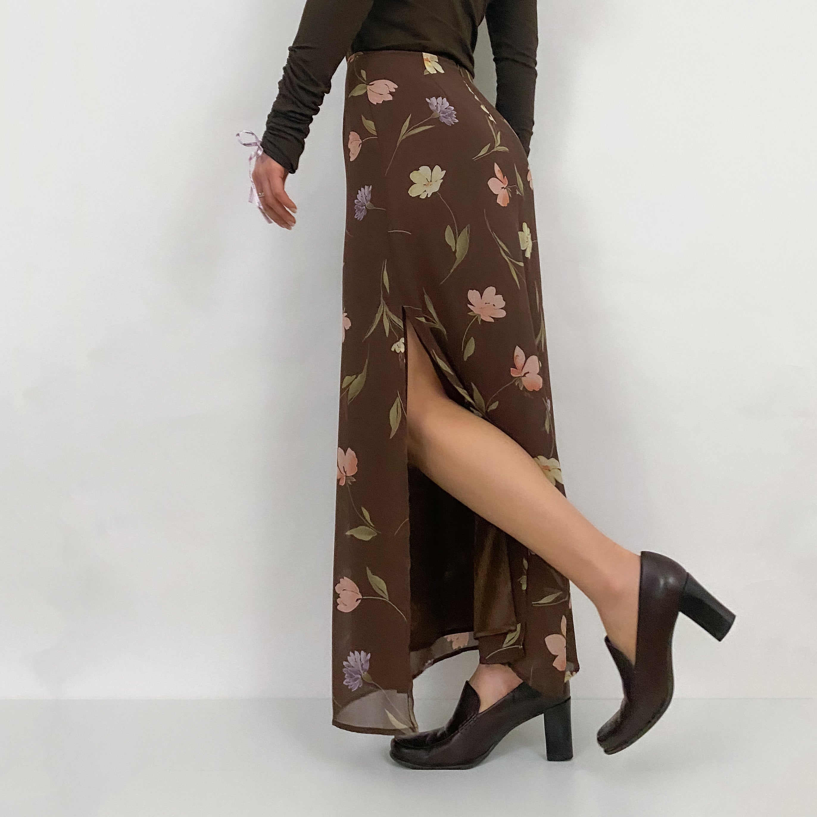 90's Brown Floral Maxi Skirt