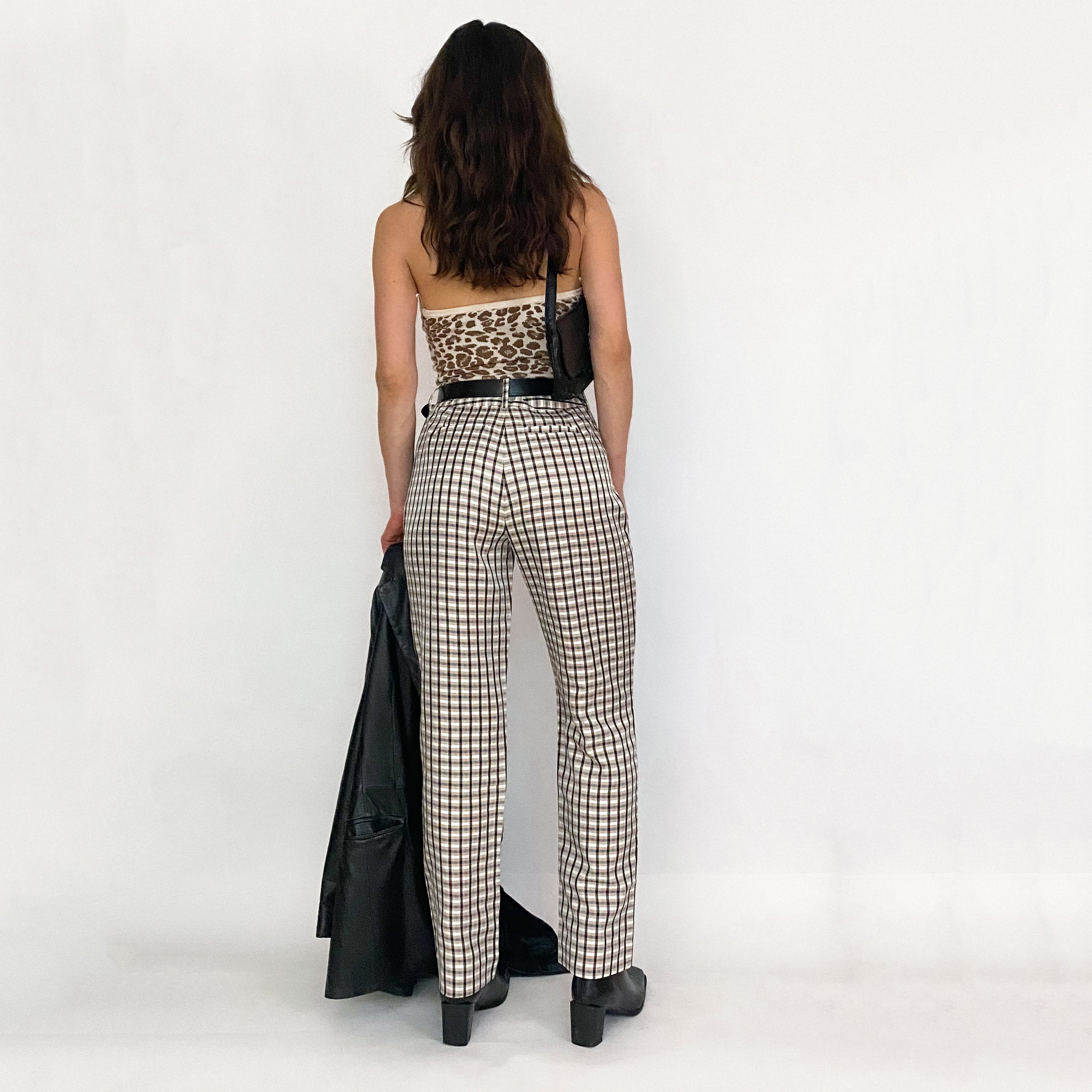 White Plaid High Rise Trousers