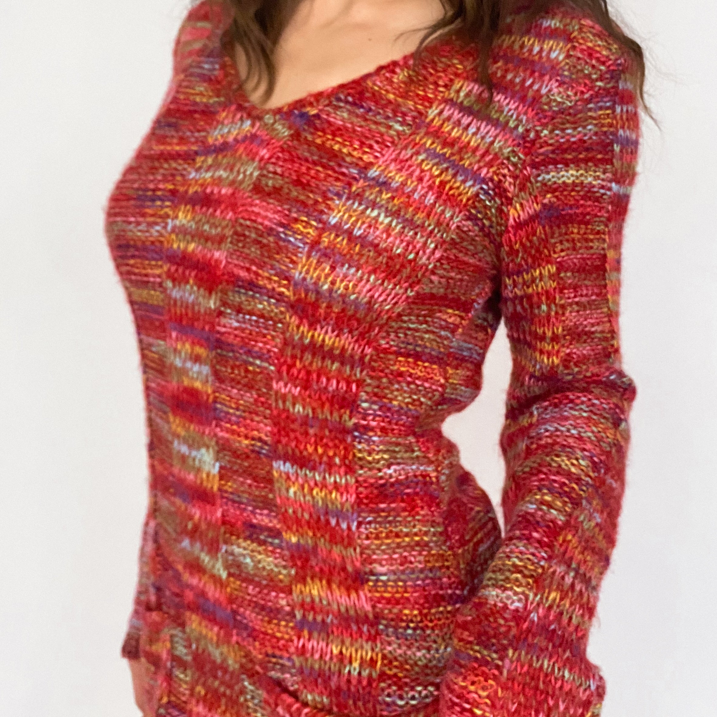 Y2K Red Rainbow Knit Mini Sweater Dress