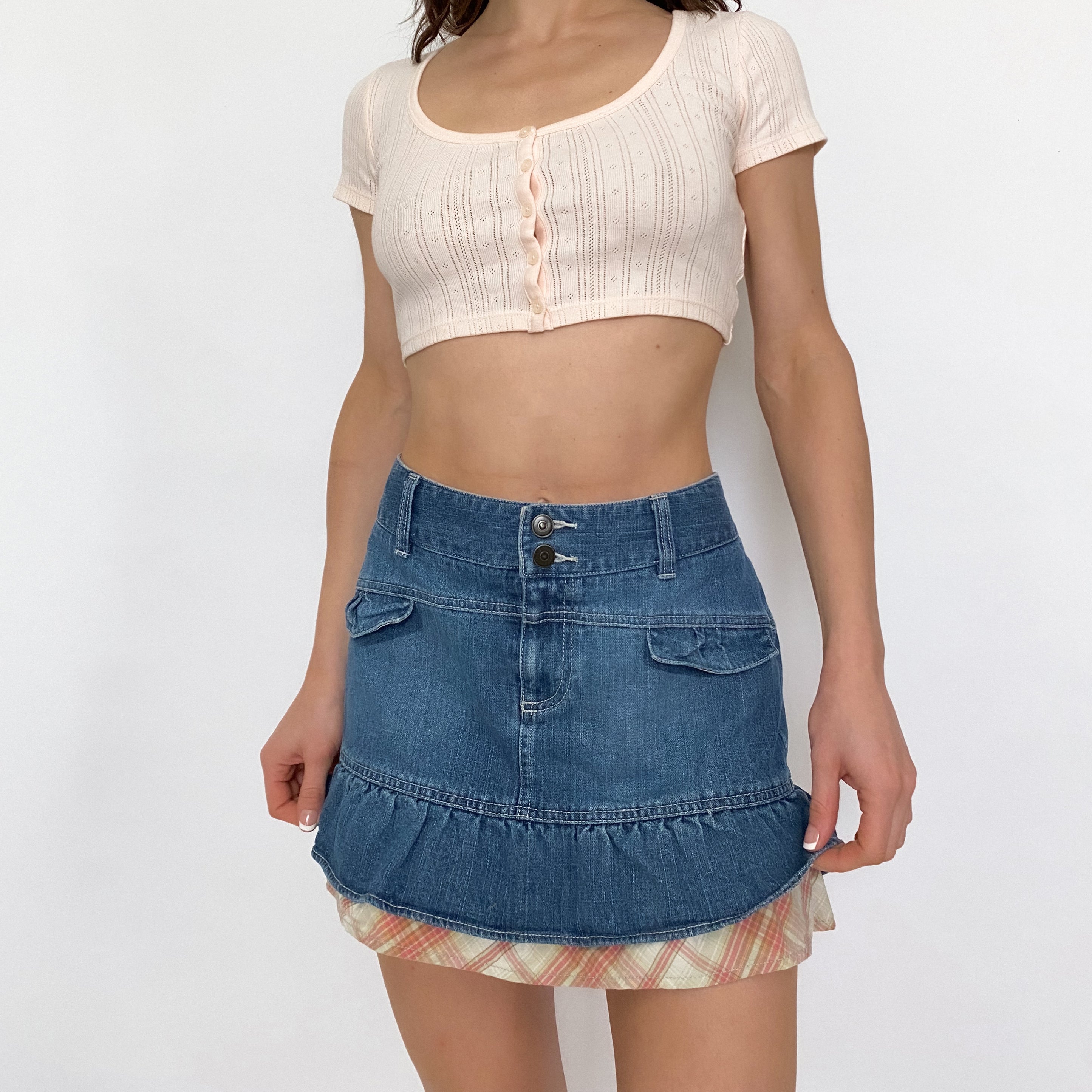 denim and plaid frilly mini skirt - medium