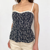 Vintage Nanette Leopard Bustier Top in Blue Embroidered Floral