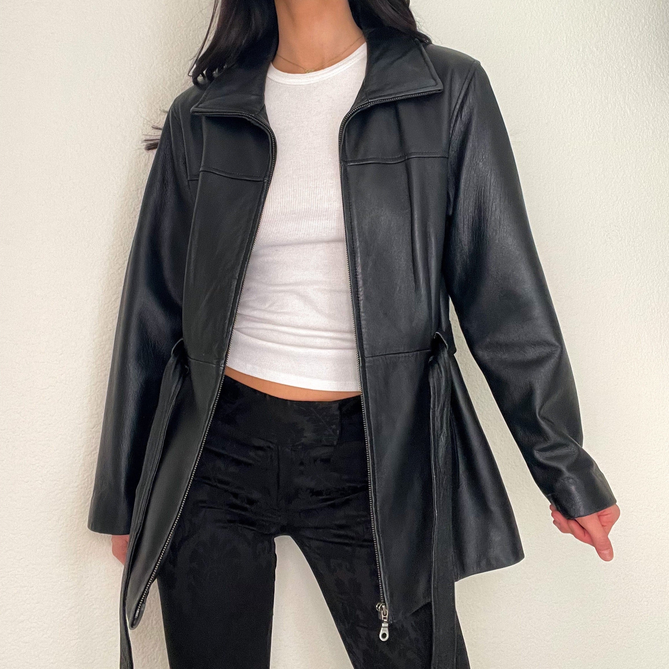 Black Vintage Tie Leather Jacket