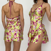 y2k lime floral halter slip - small