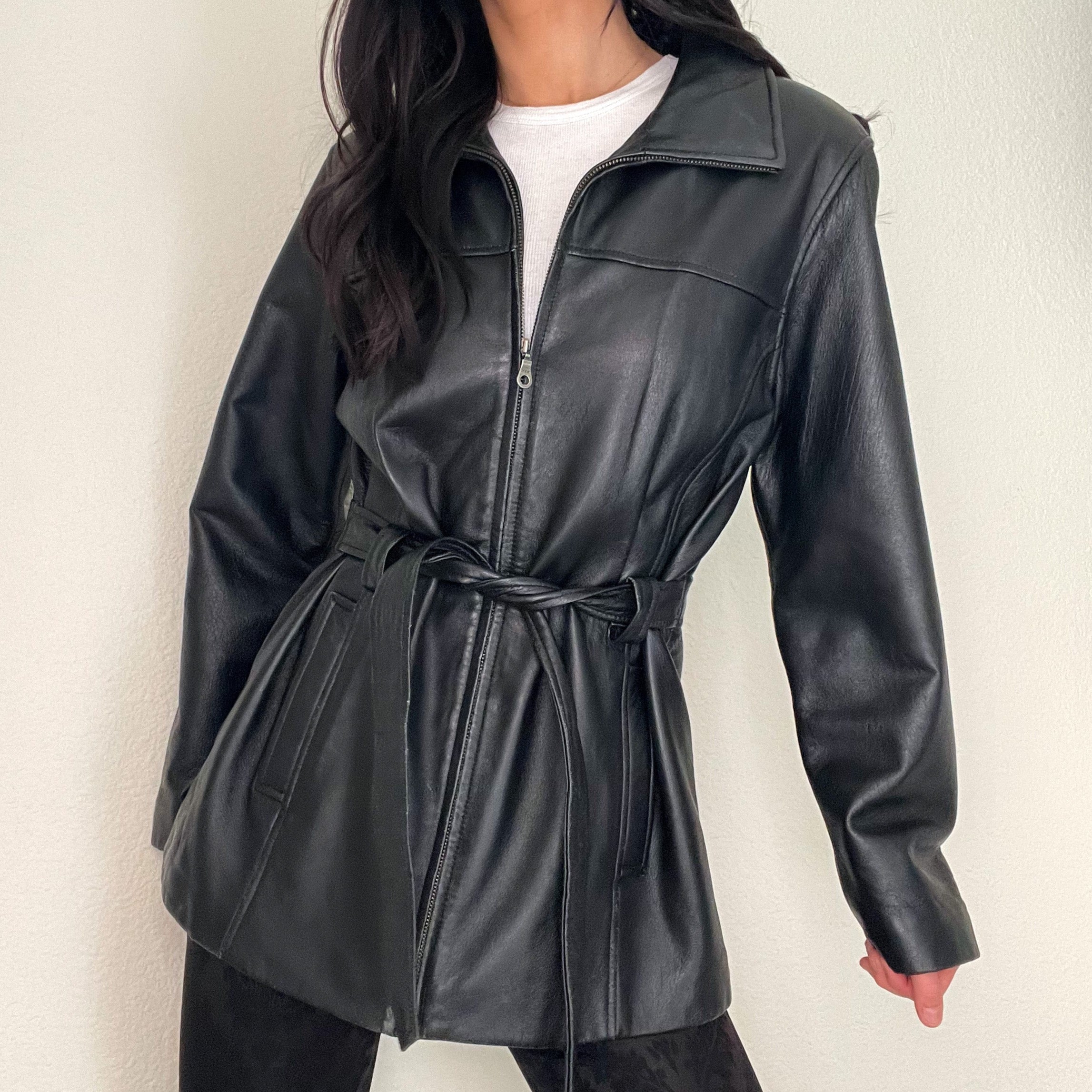 Black Vintage Tie Leather Jacket