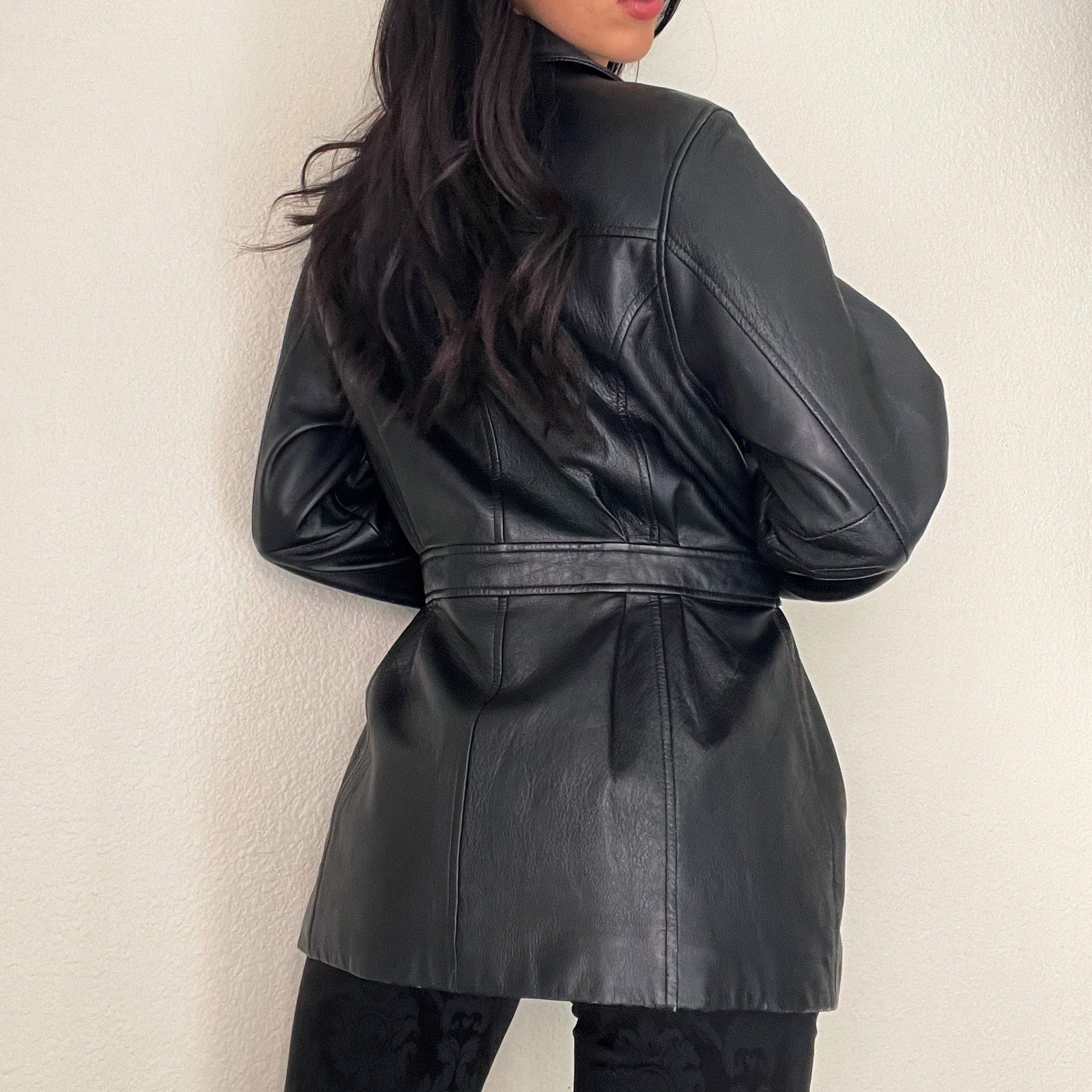 Black Vintage Tie Leather Jacket