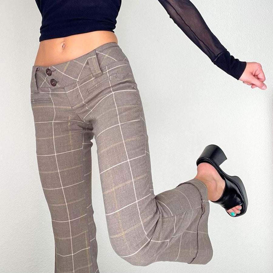 Beige Plaid Flare Pants