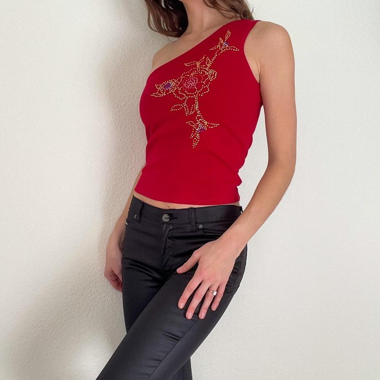 Red One Shoulder Rhinestone Top