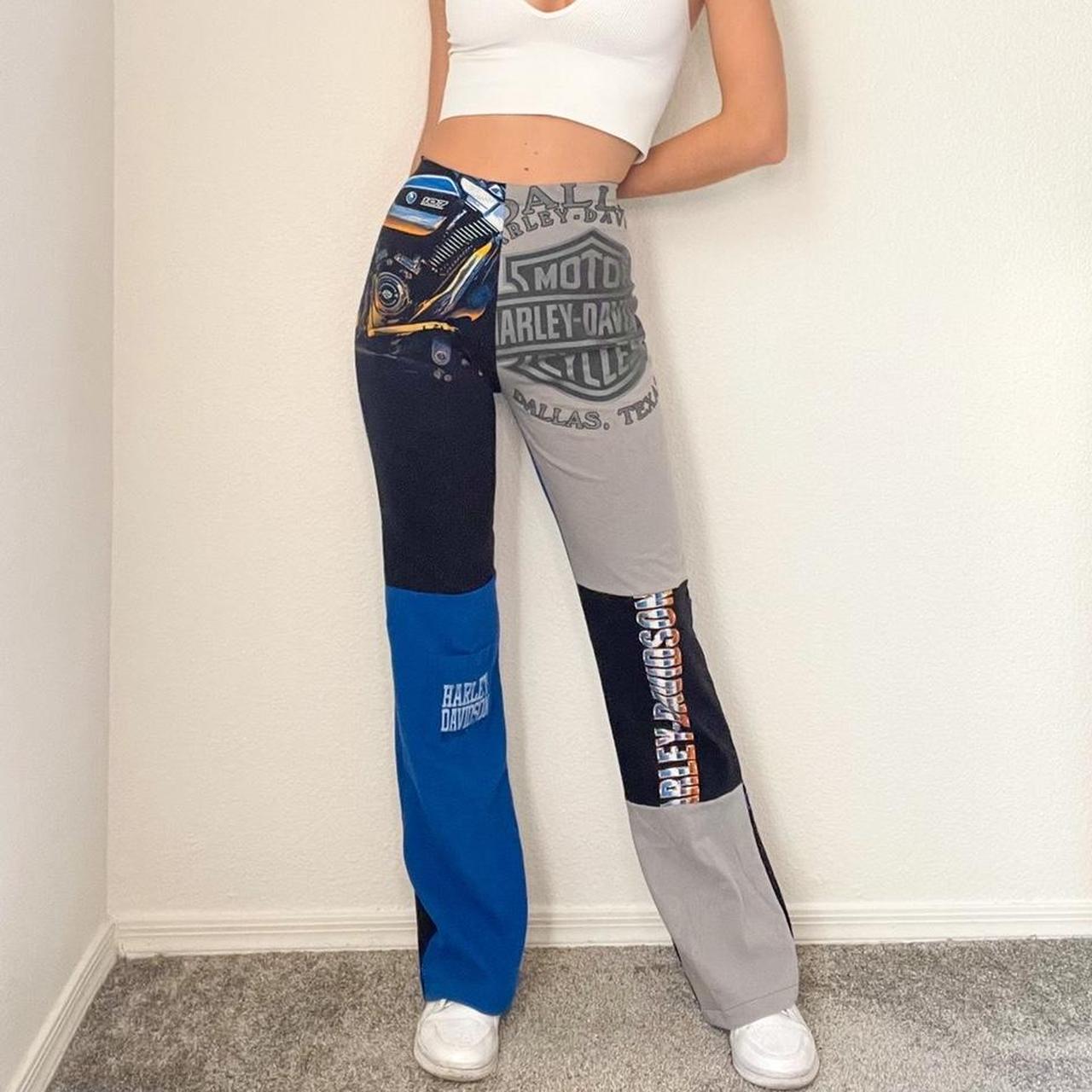 Reworked Black Blue Harley Patchwork Pants