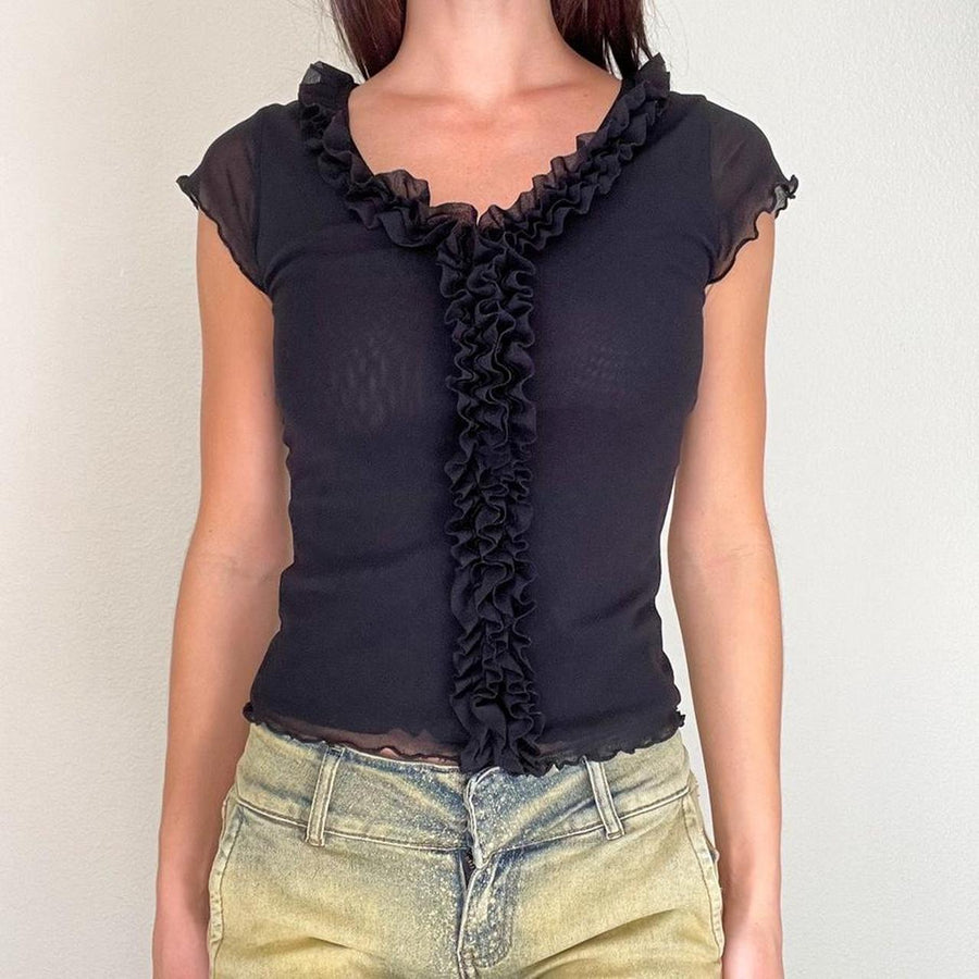 Black Mesh Ruffle Top