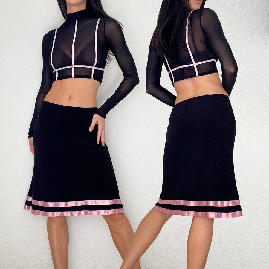 Black & Pink 2000s Midi Skirt 2-Piece Set