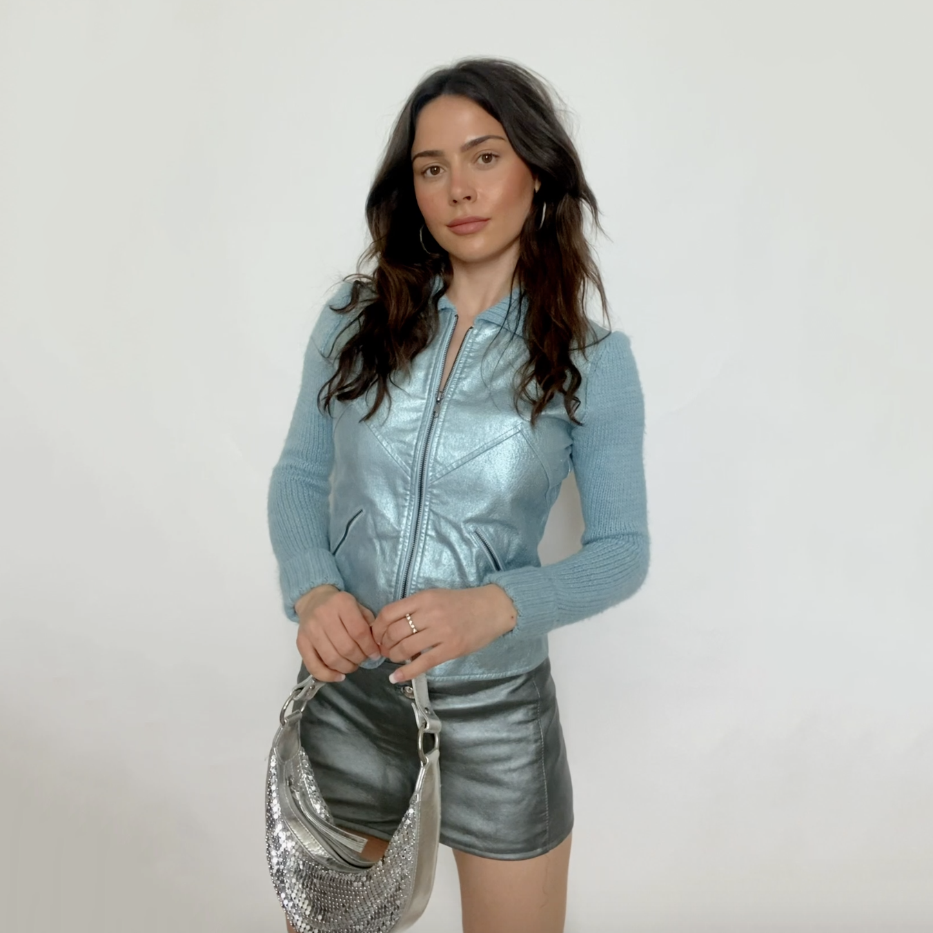 Vintage Ice Blue Leather Knit Jacket