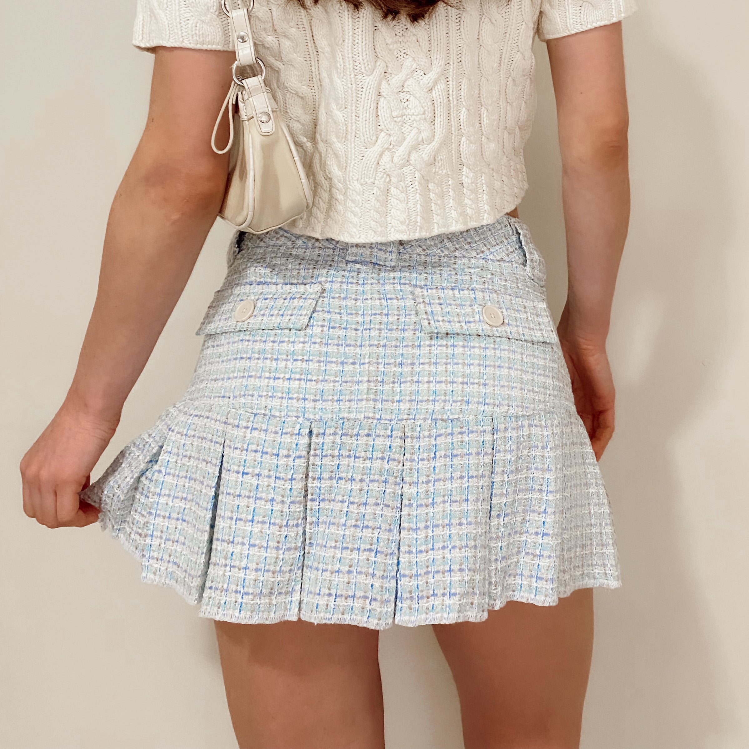 Y2K Blue Tweed Pleated Mini Skirt
