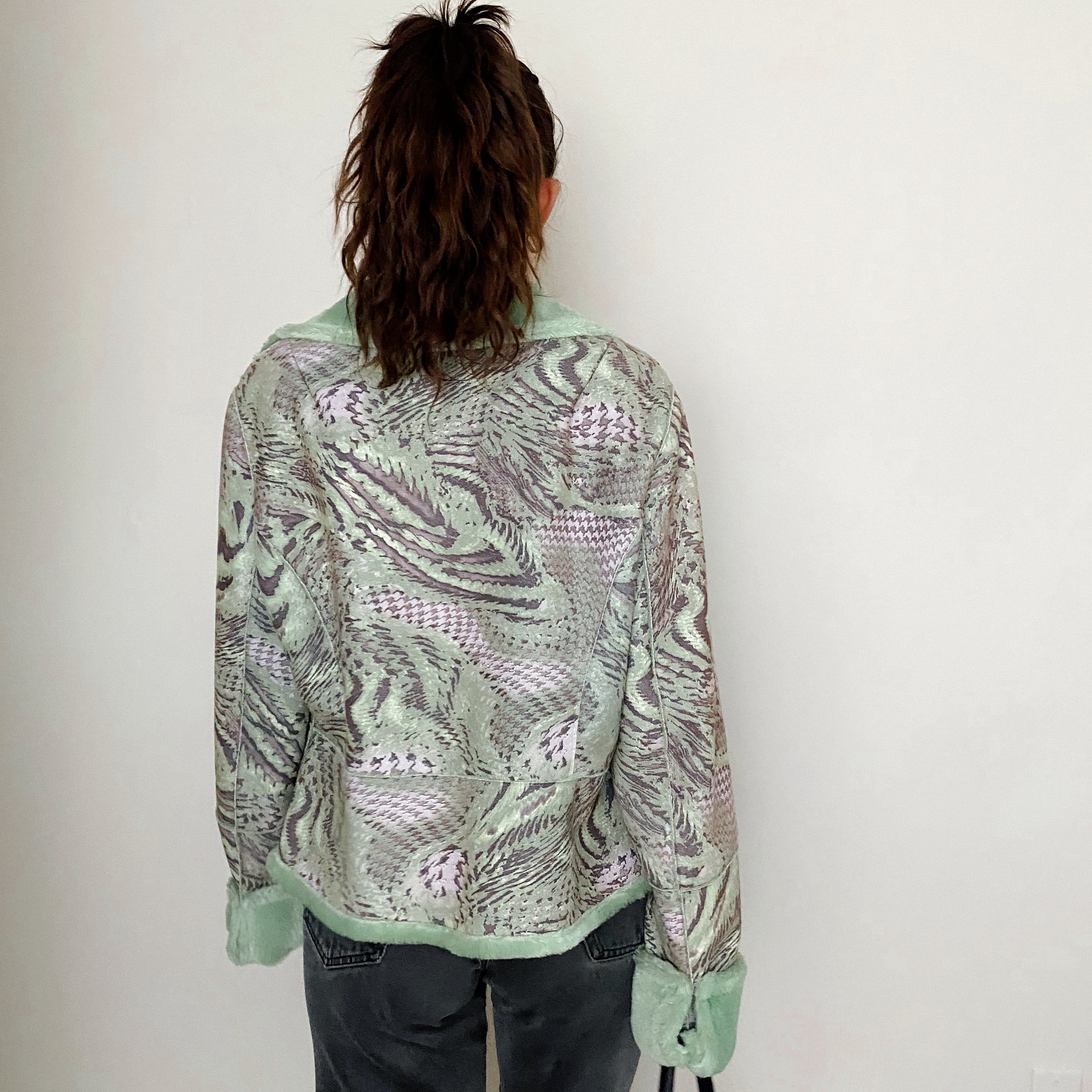 Mint Faux Fur and Suede Groovy Houndstooth Jacket