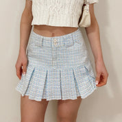 Y2K Blue Tweed Pleated Mini Skirt