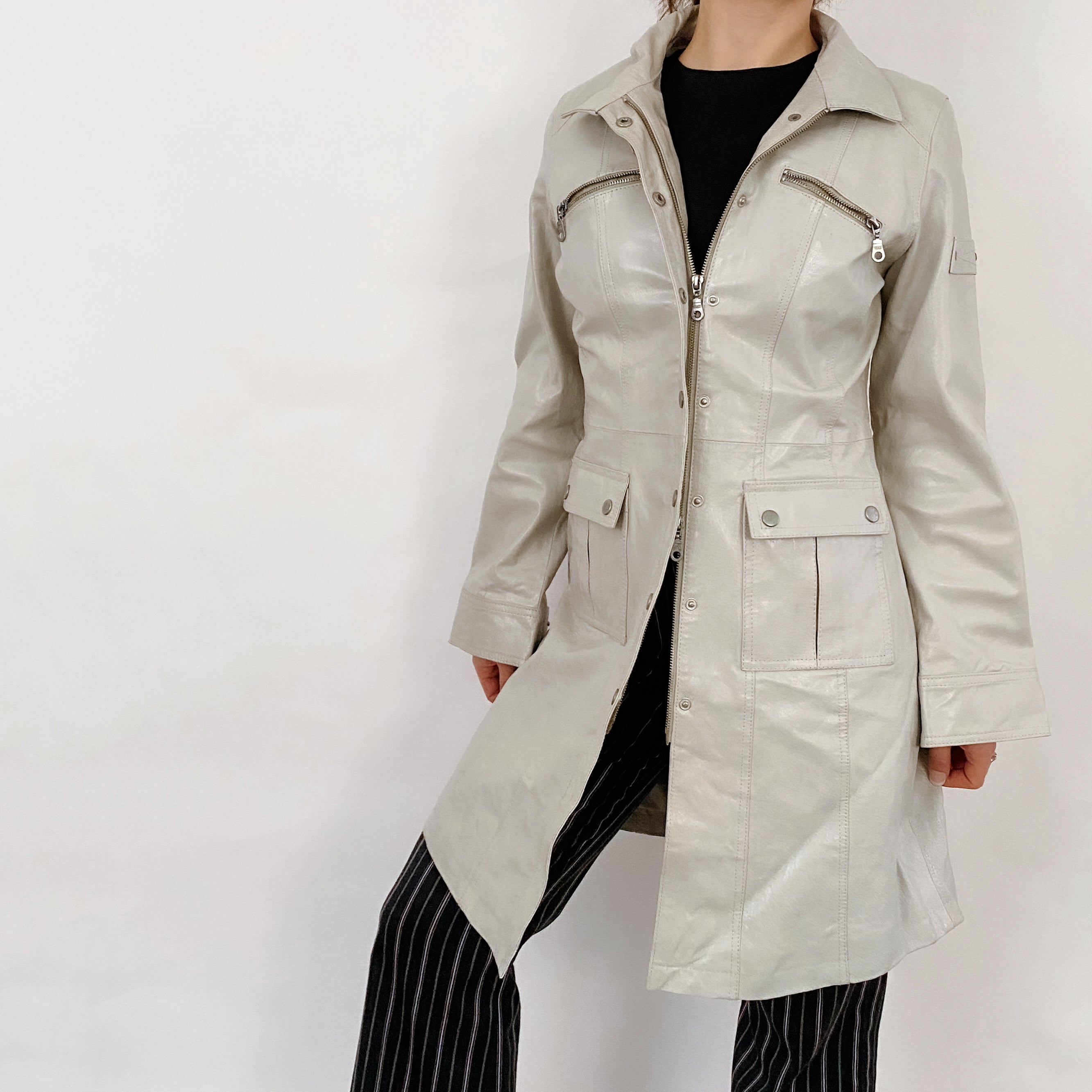 Vintage Double Zip Long Leather Jacket - Size 8