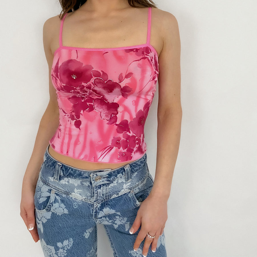 Y2K Pink Floral Stretch Cami - Small