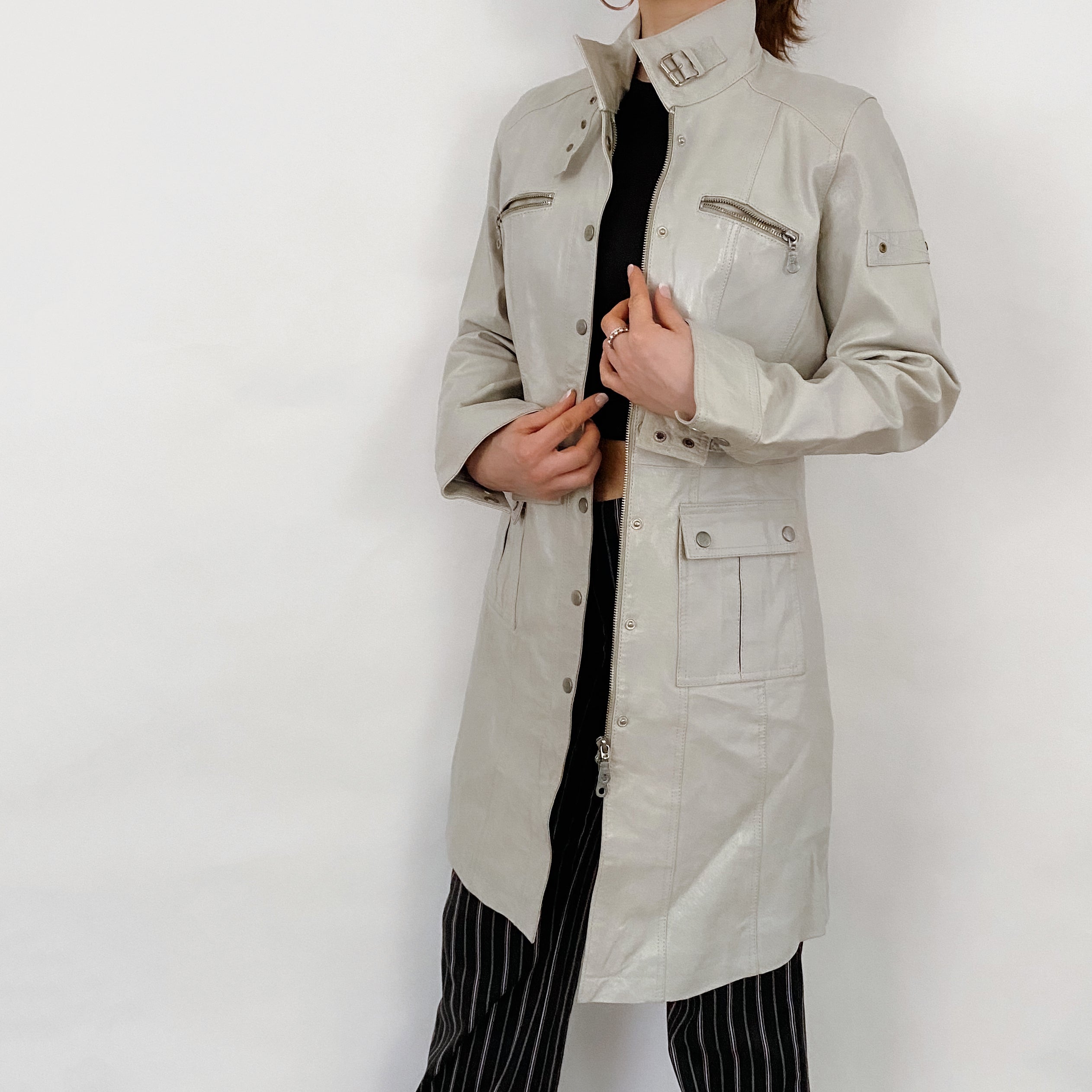 Vintage Double Zip Long Leather Jacket - Size 8