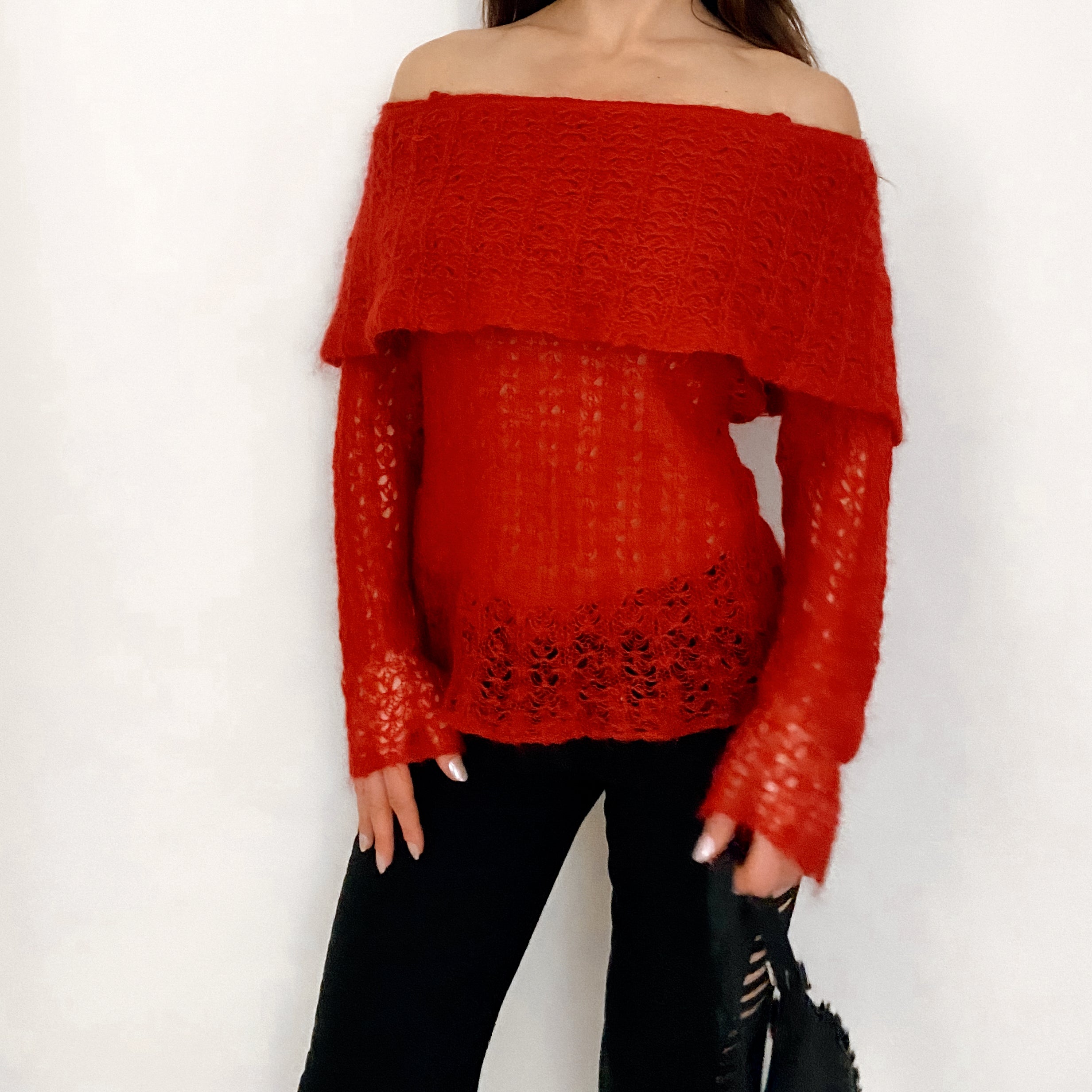 Vintage DKNY City Red Off the Shoulder Sweater – Holy Thrift
