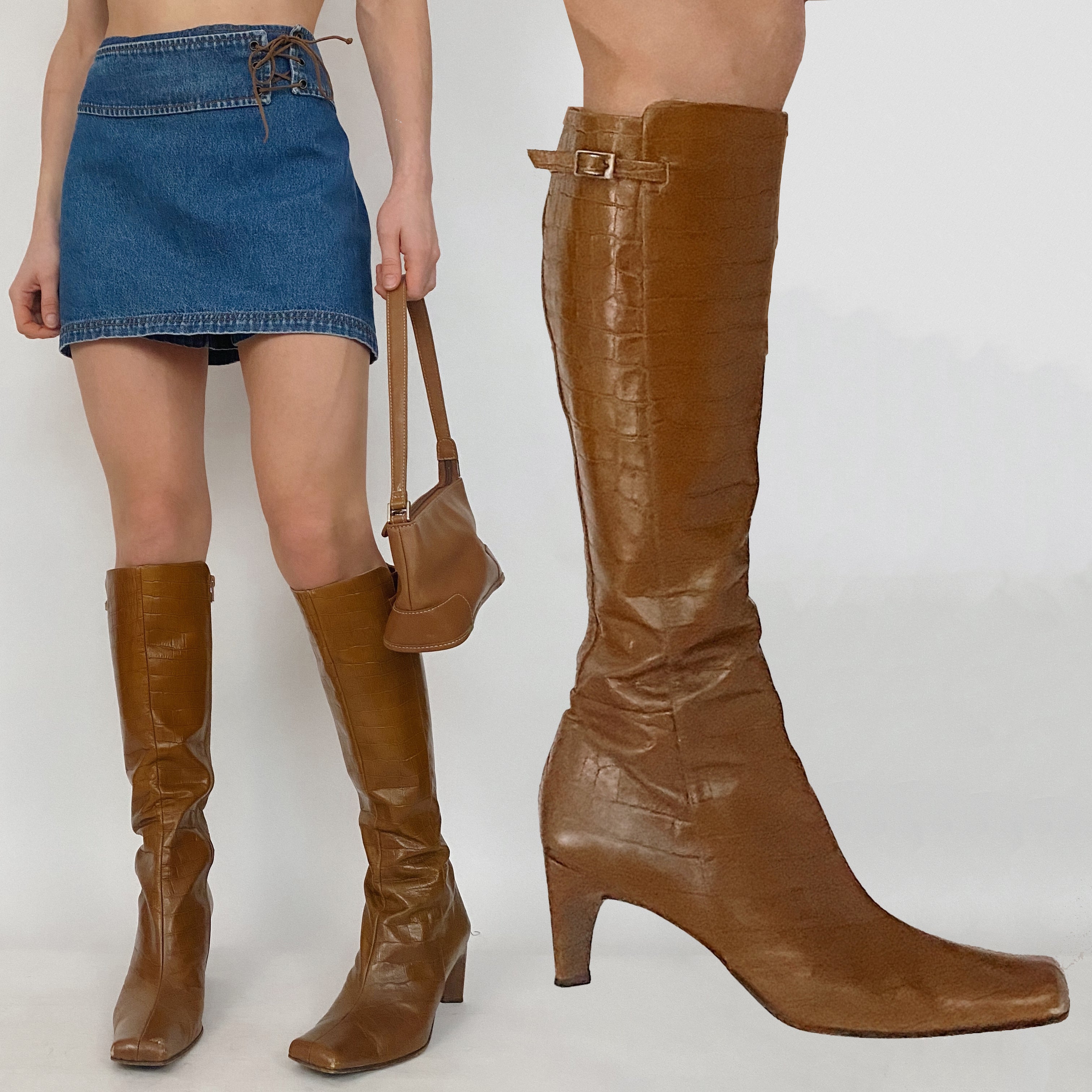 knee high croc effect leather boots - size 8