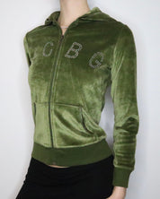 Green Velour Zip Up Hoodie (S-M) 