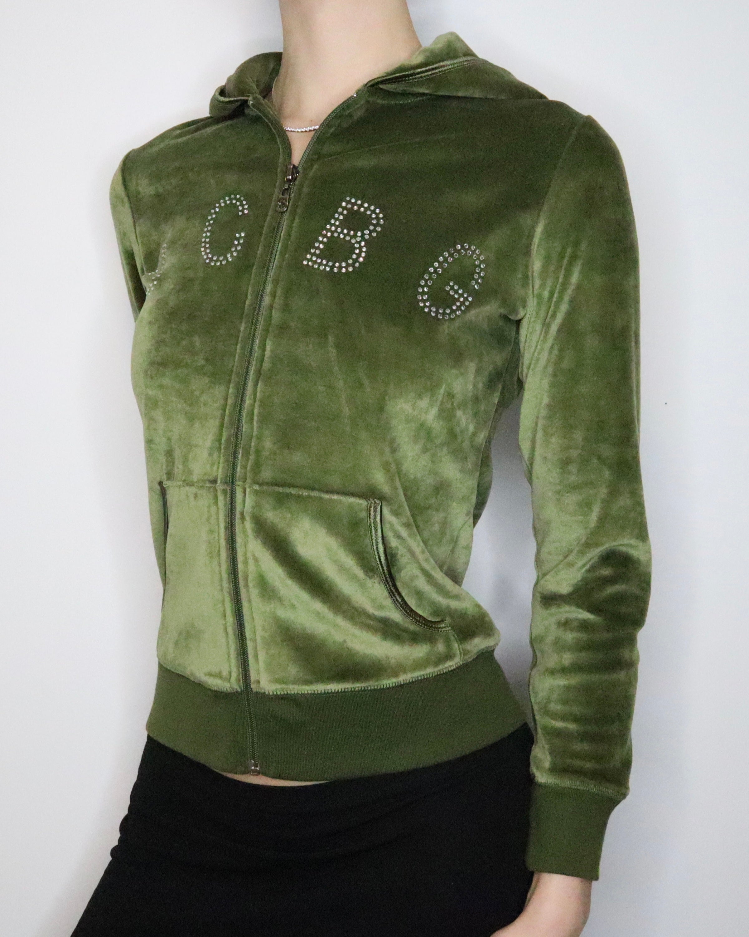 Green Velour Zip Up Hoodie (S-M) 