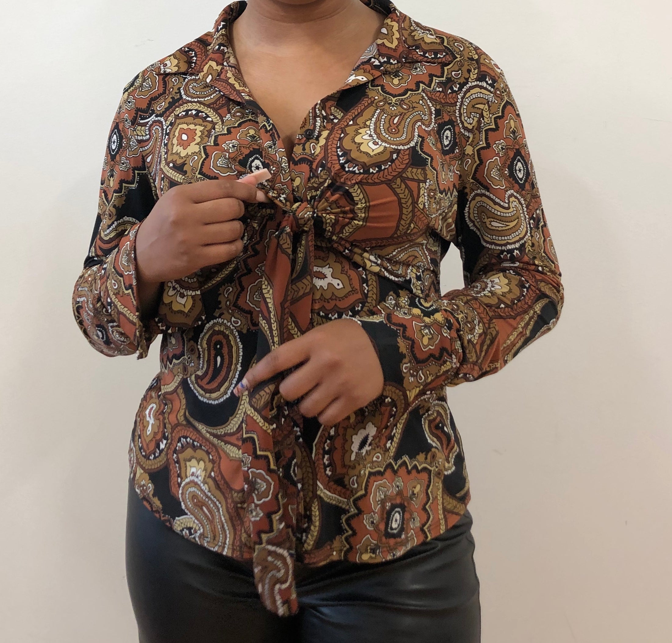 Brown tie button up top