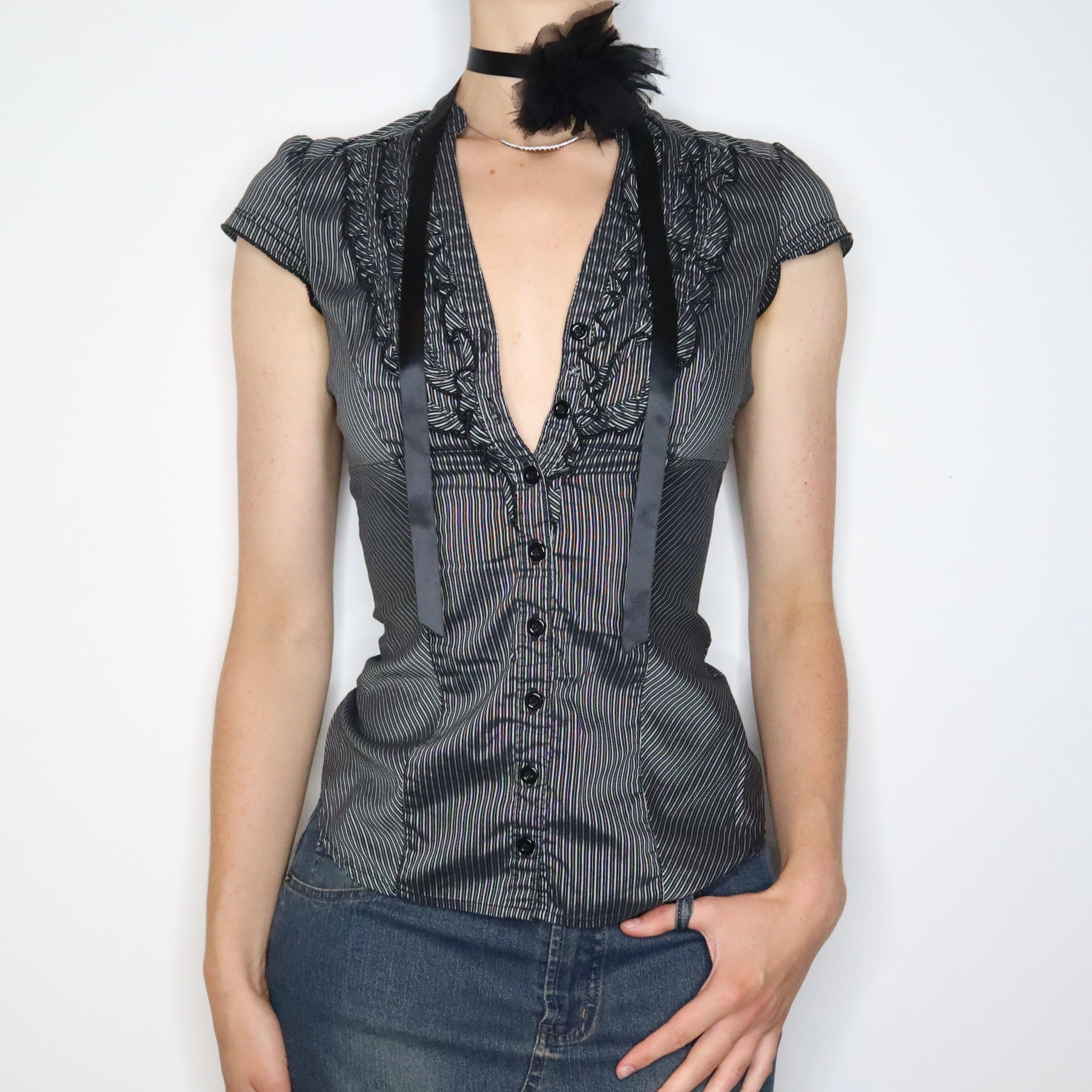 Gray Pinstripe Button Up Blouse (Small) 