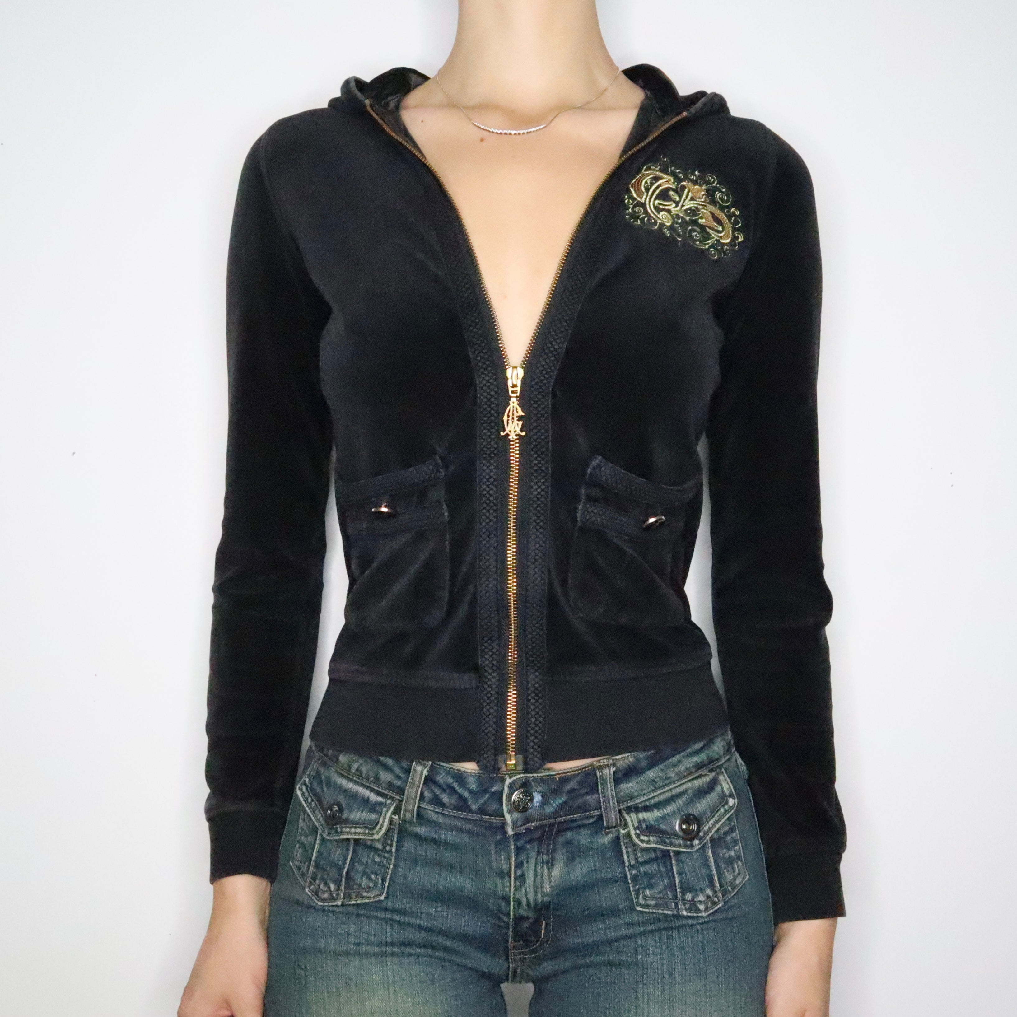 Black Velour Zip Up Hoodie (S-M)