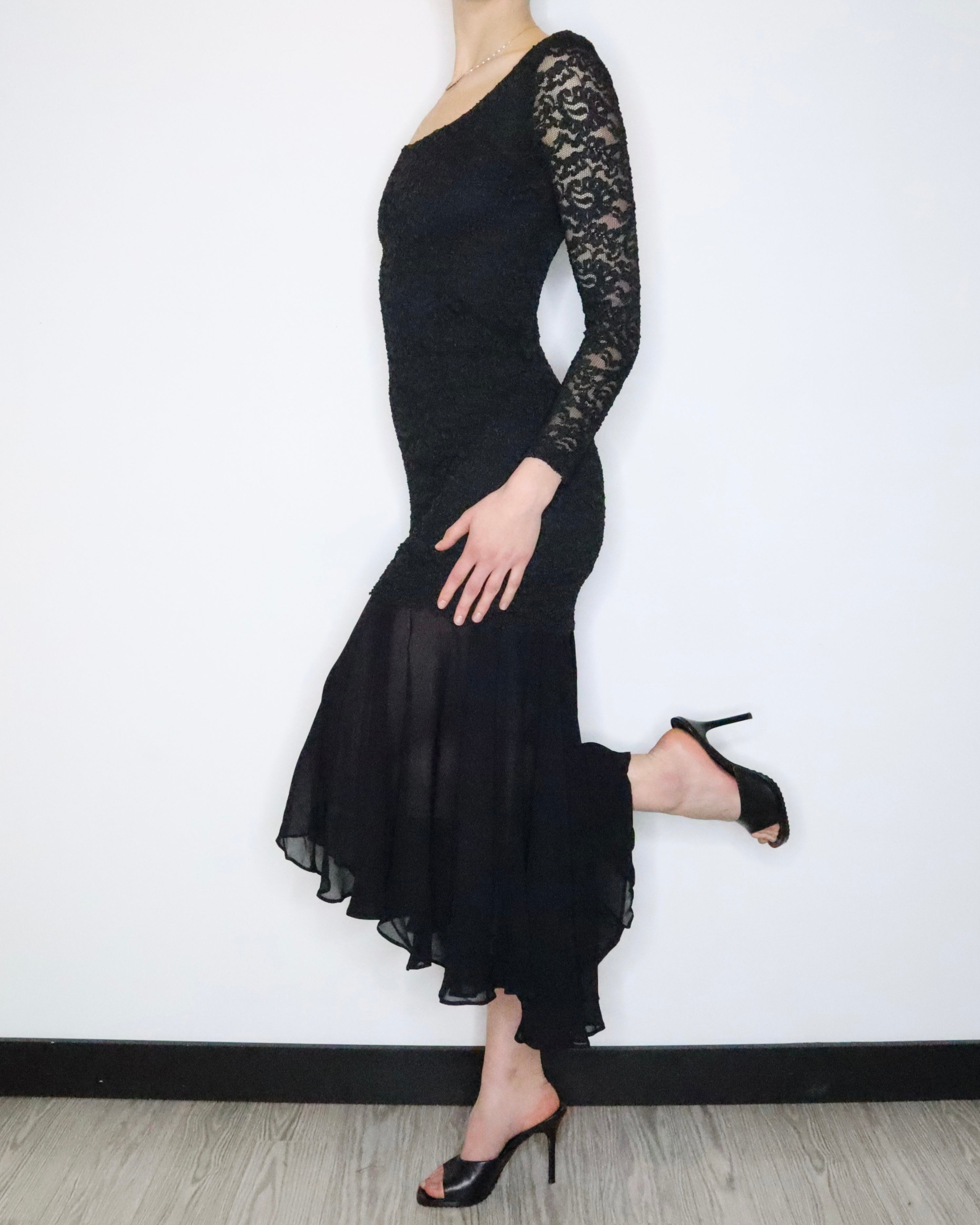 90s SHELLI SEGAL Black Lace Gown (S) 