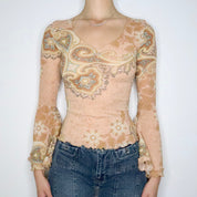 Tan Bell Sleeve Mesh Blouse (XS)