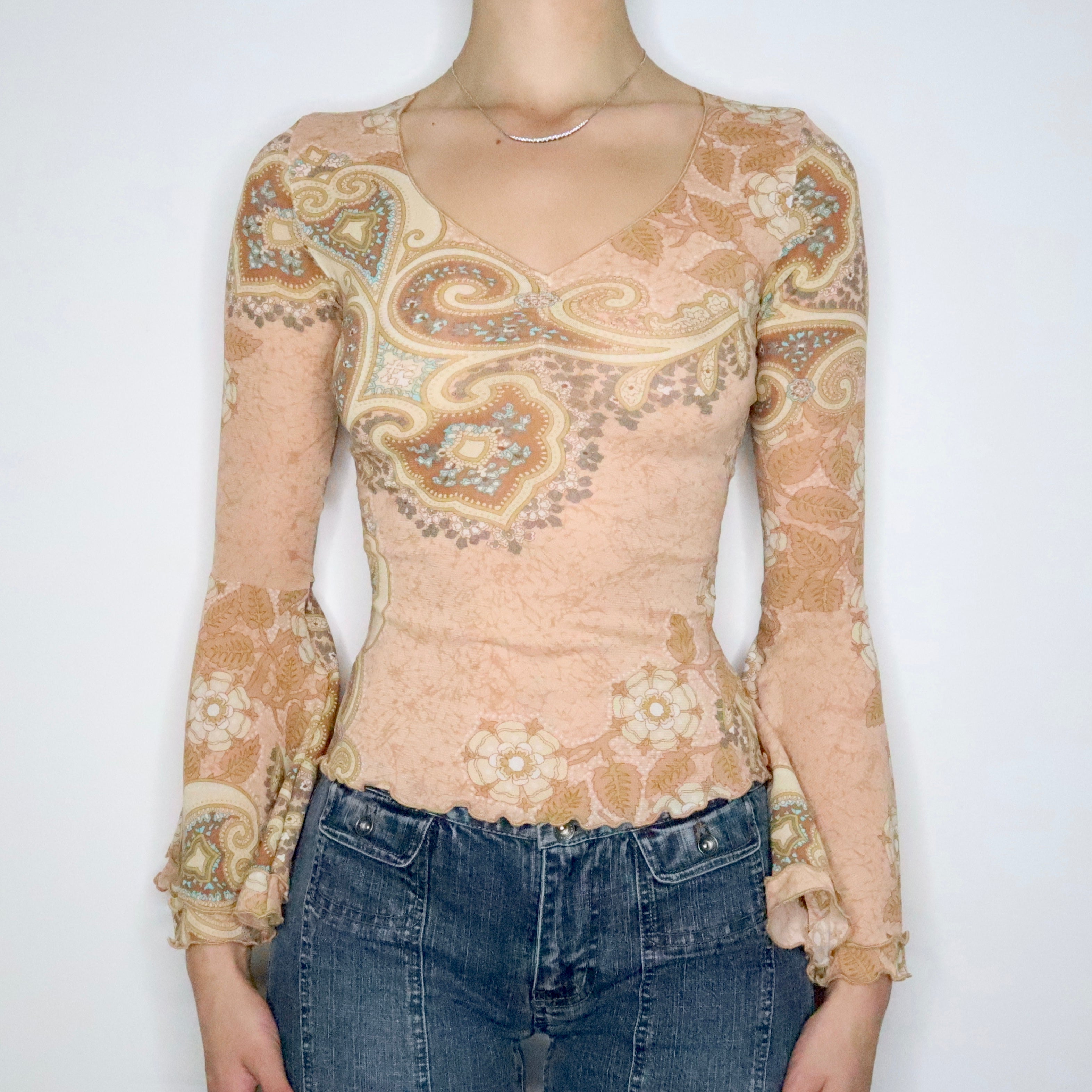 Tan Bell Sleeve Mesh Blouse (XS)