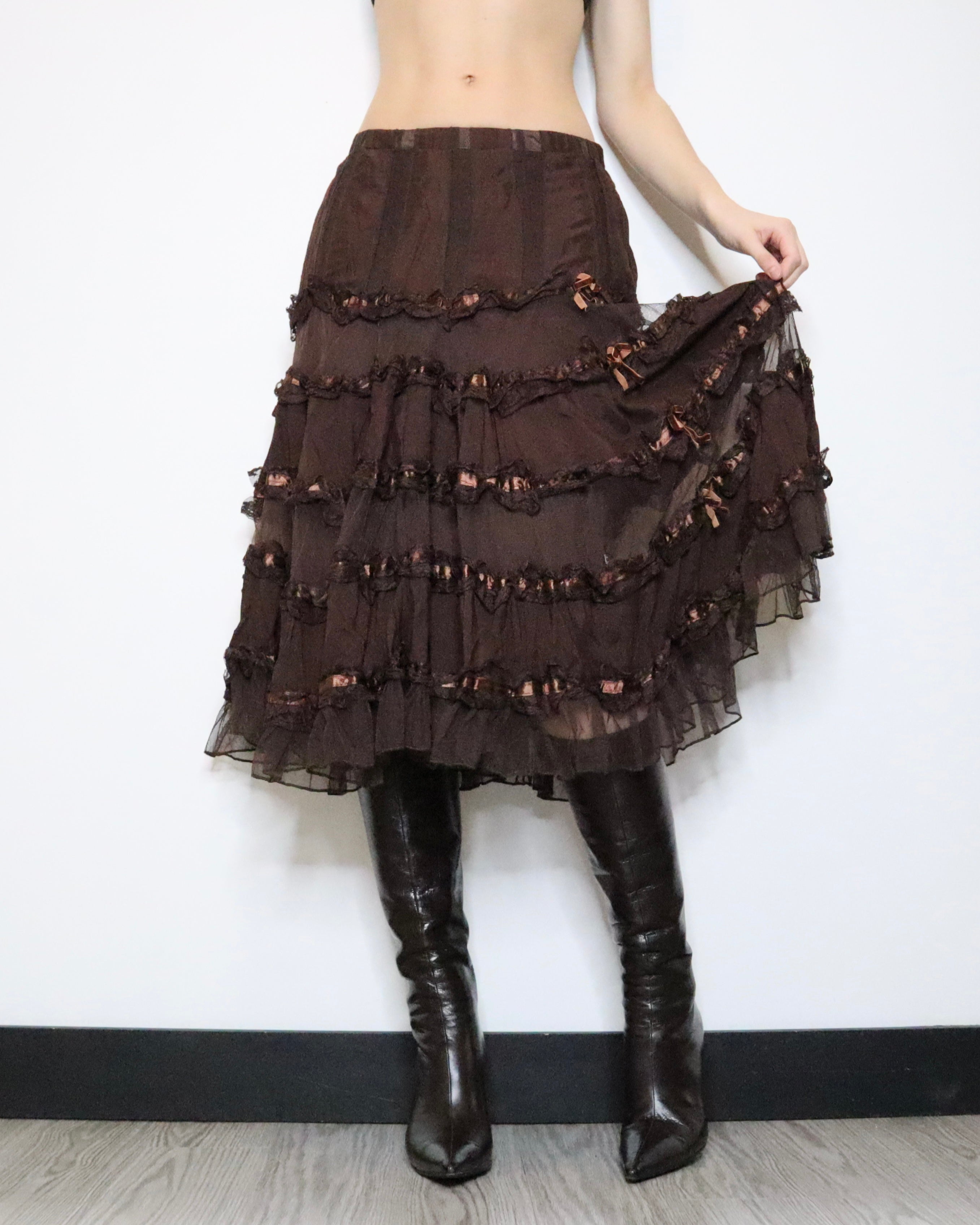 Brown Tiered Maxi Skirt (Small) 