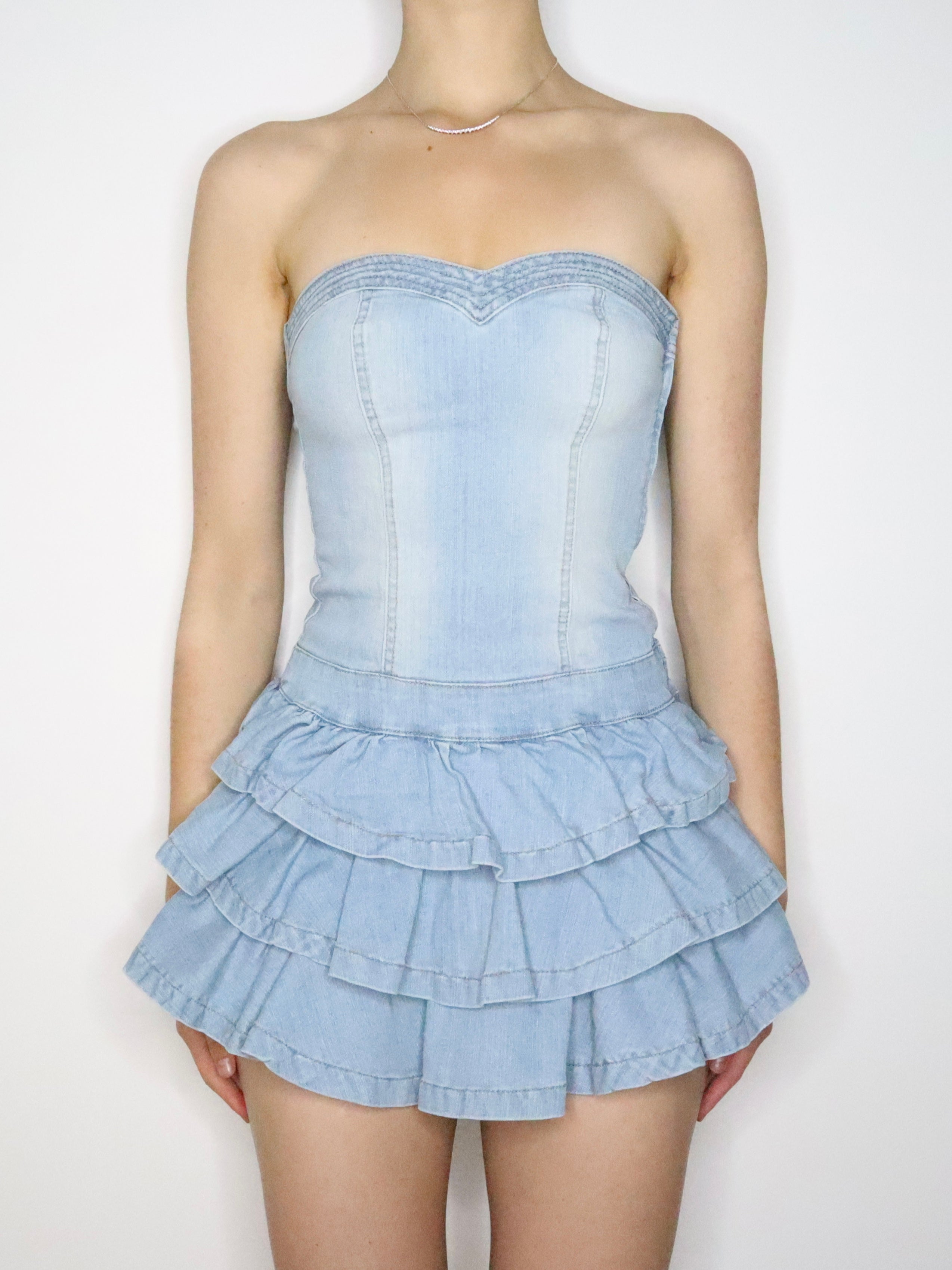 Denim Ruffle Mini Dress (Small) 