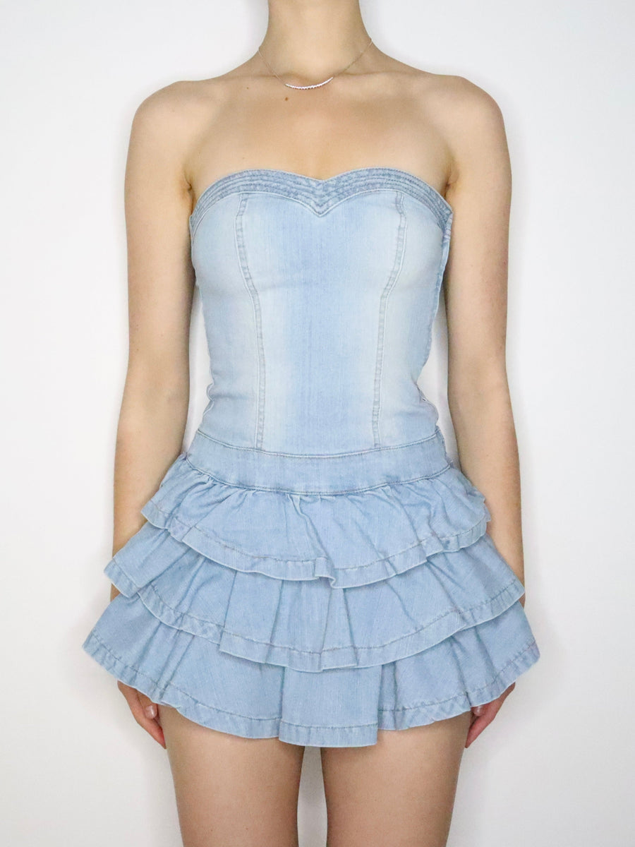 Denim Ruffle Mini Dress (Small) — Holy Thrift