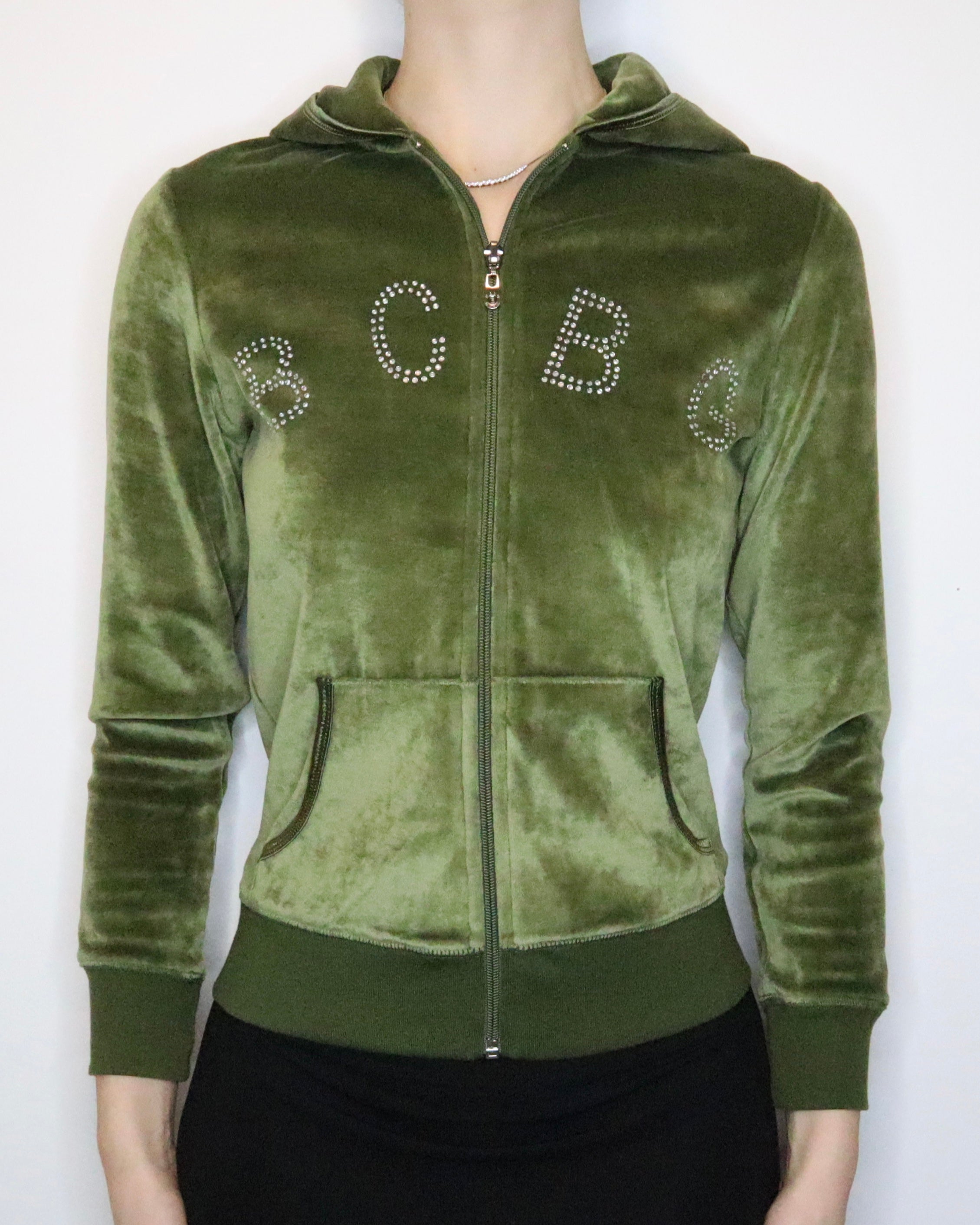 Green Velour Zip Up Hoodie (S-M) 