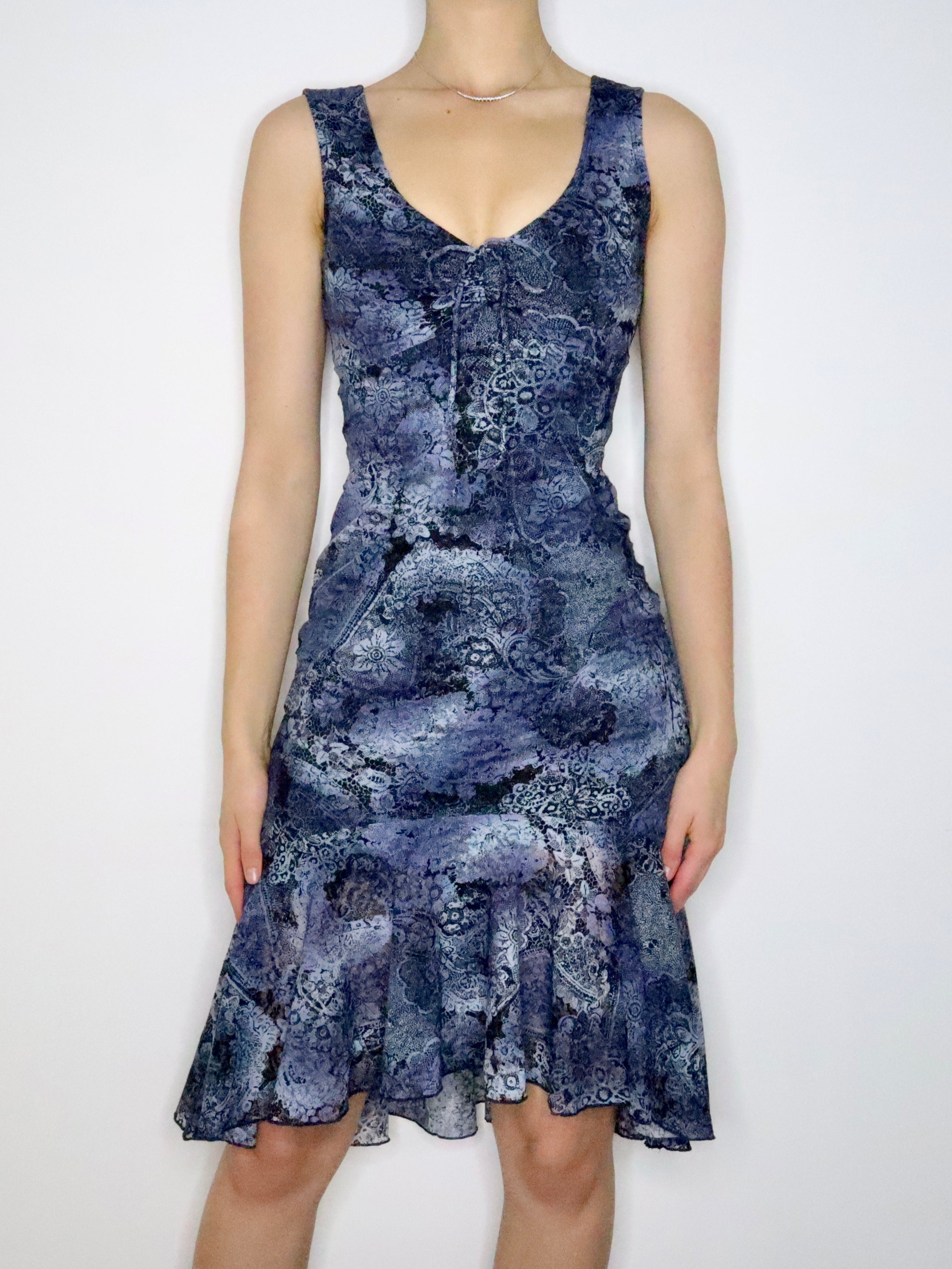 Blue Mesh Overlay Midi Dress (Small) 
