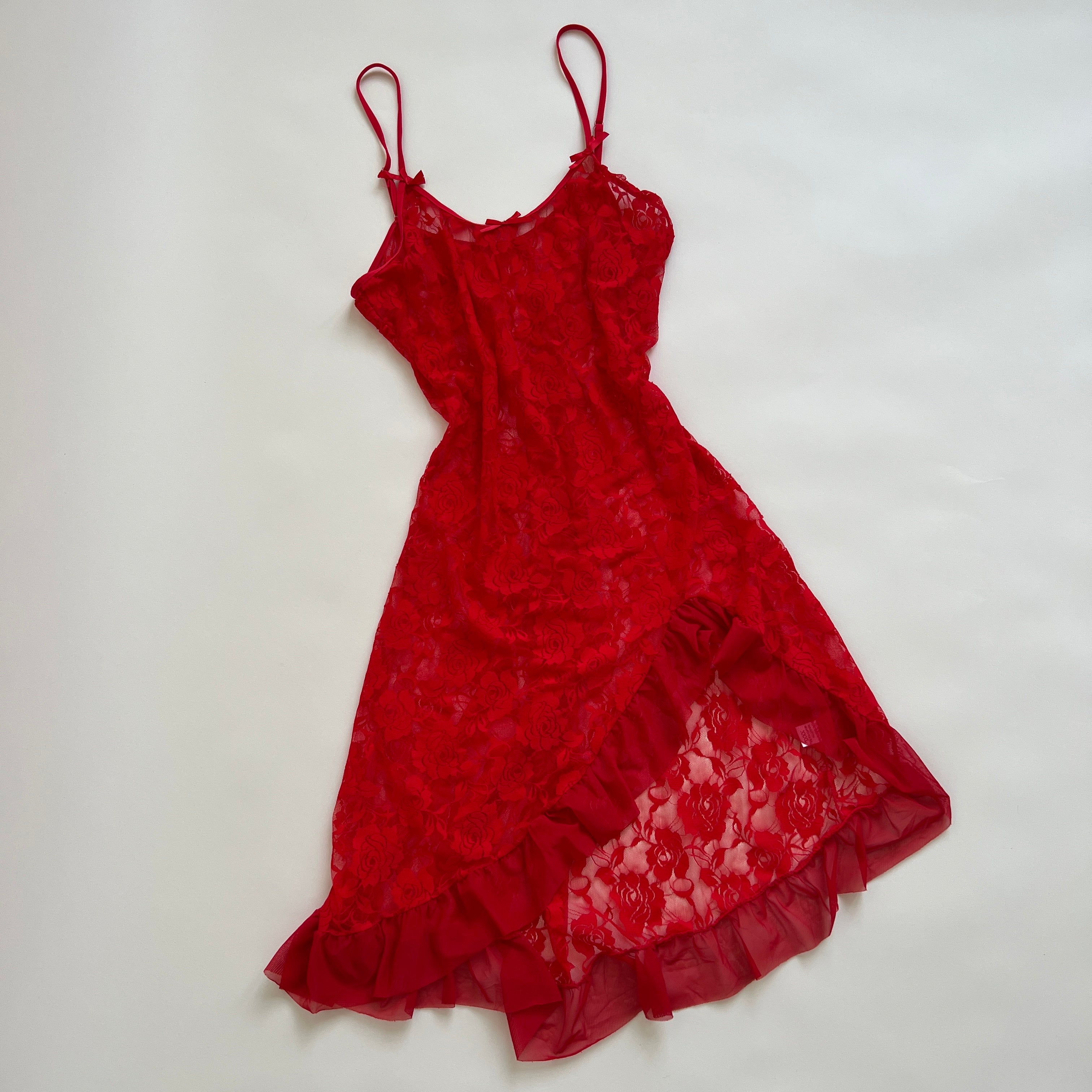 red sheer lace midi slip