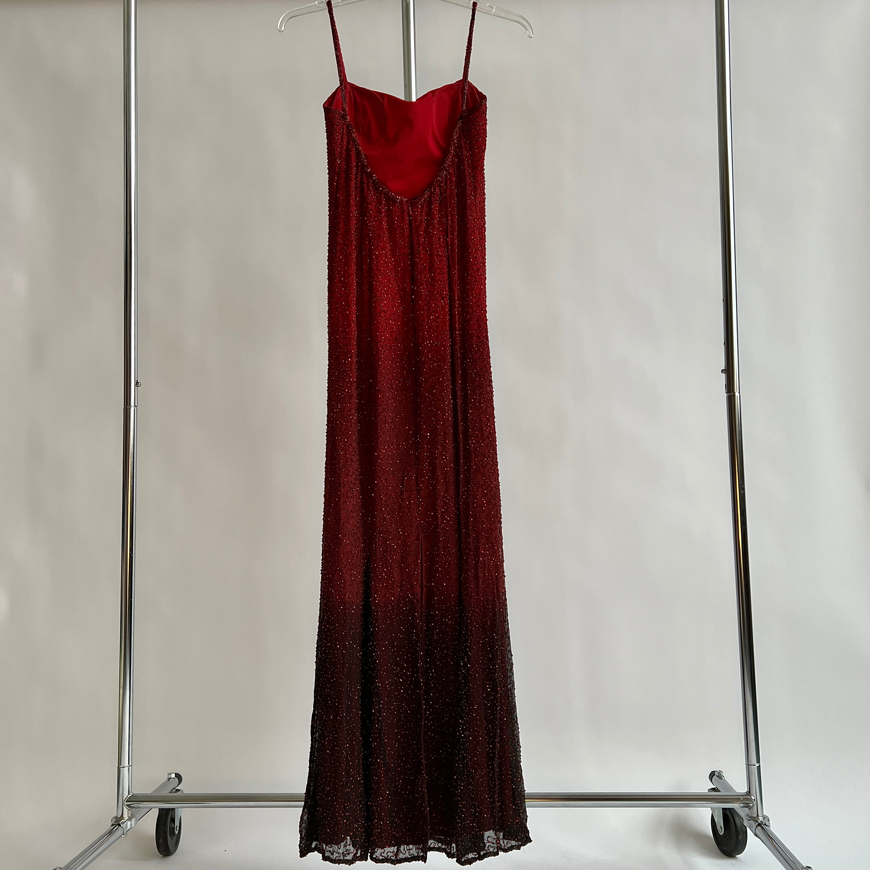 90s deep red ombré beaded formal dress