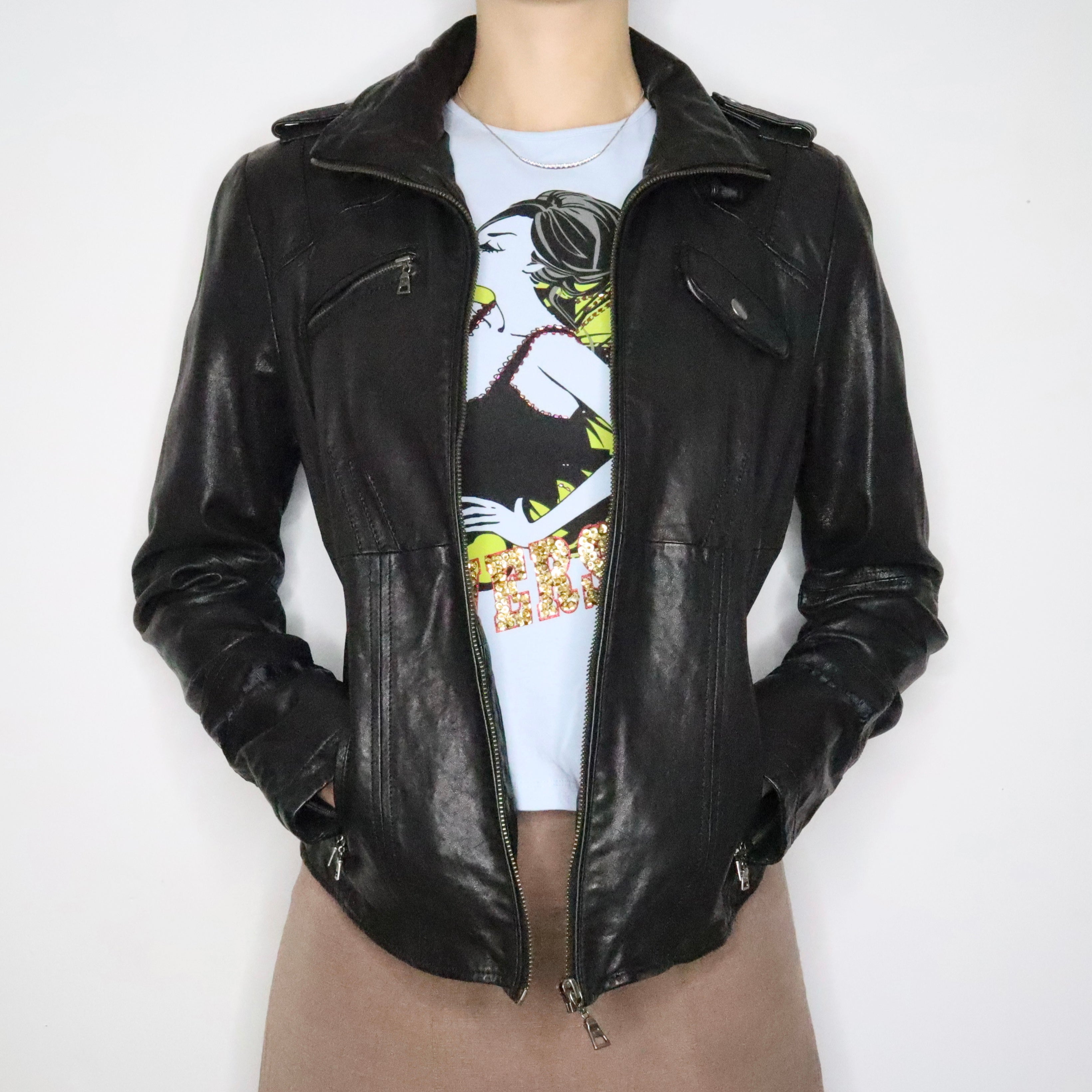 Italian Black Leather Moto Jacket (Medium)