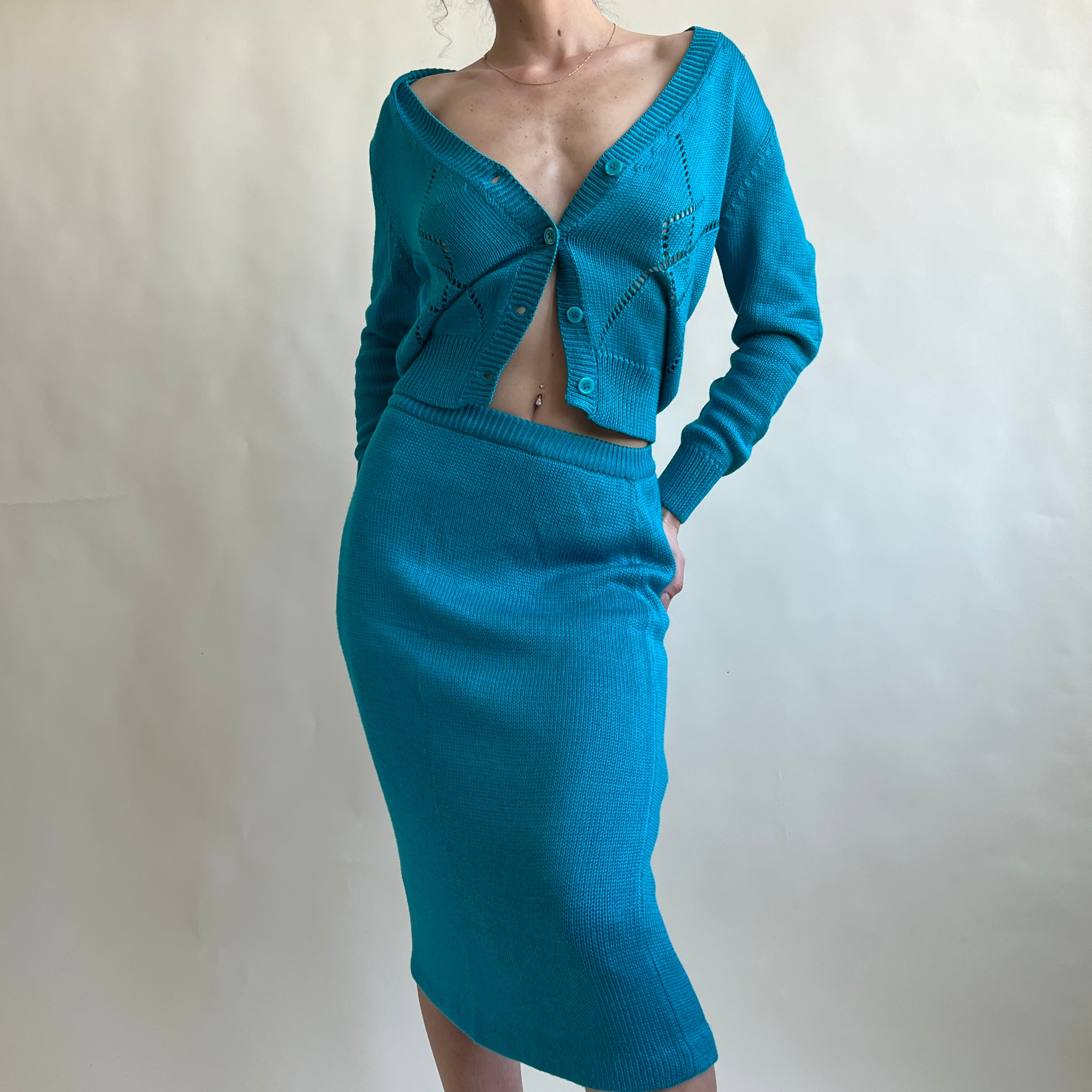 teal silk sweater set