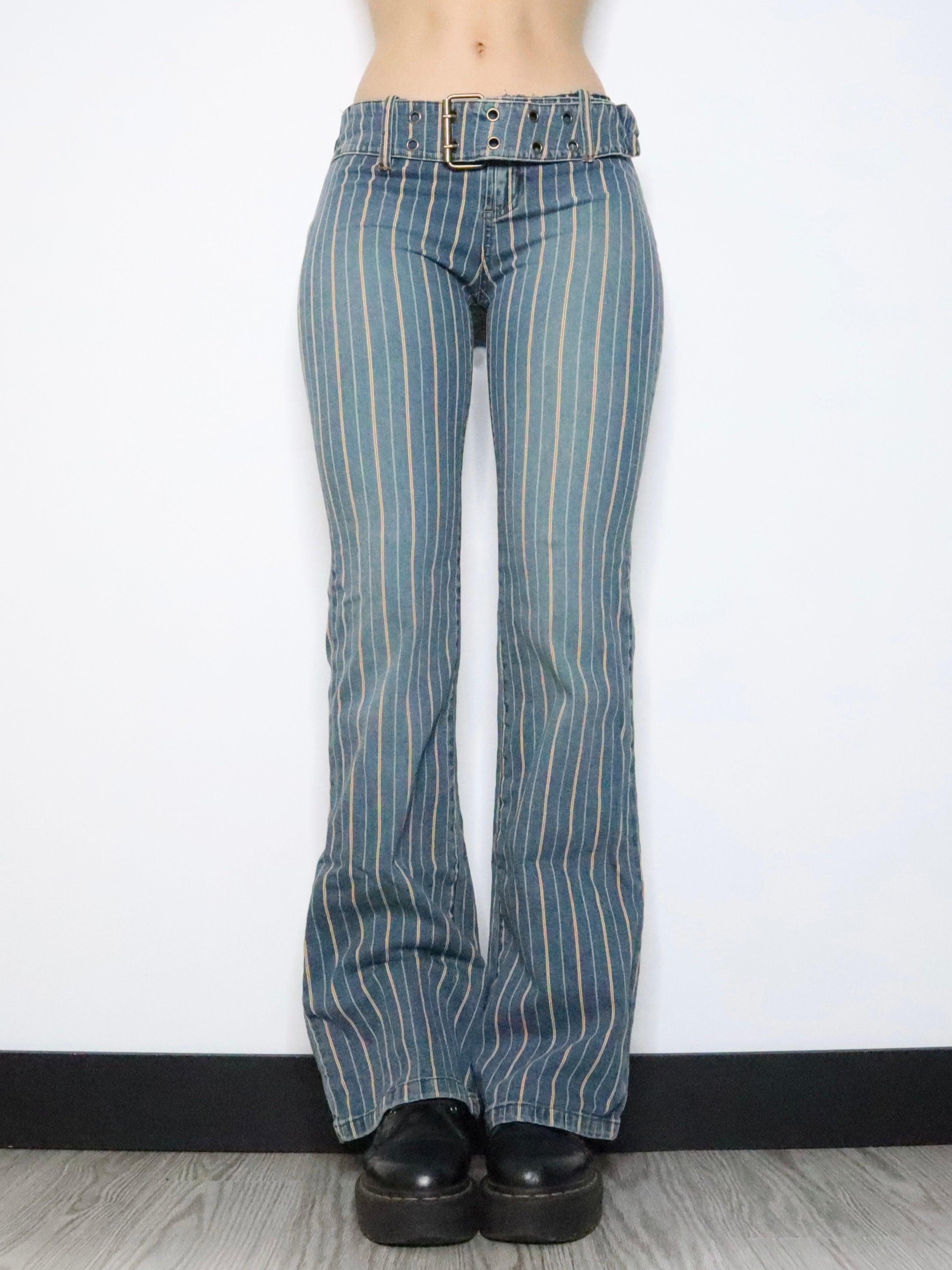 Pinstripe Buckle Flare Jeans (Medium) 