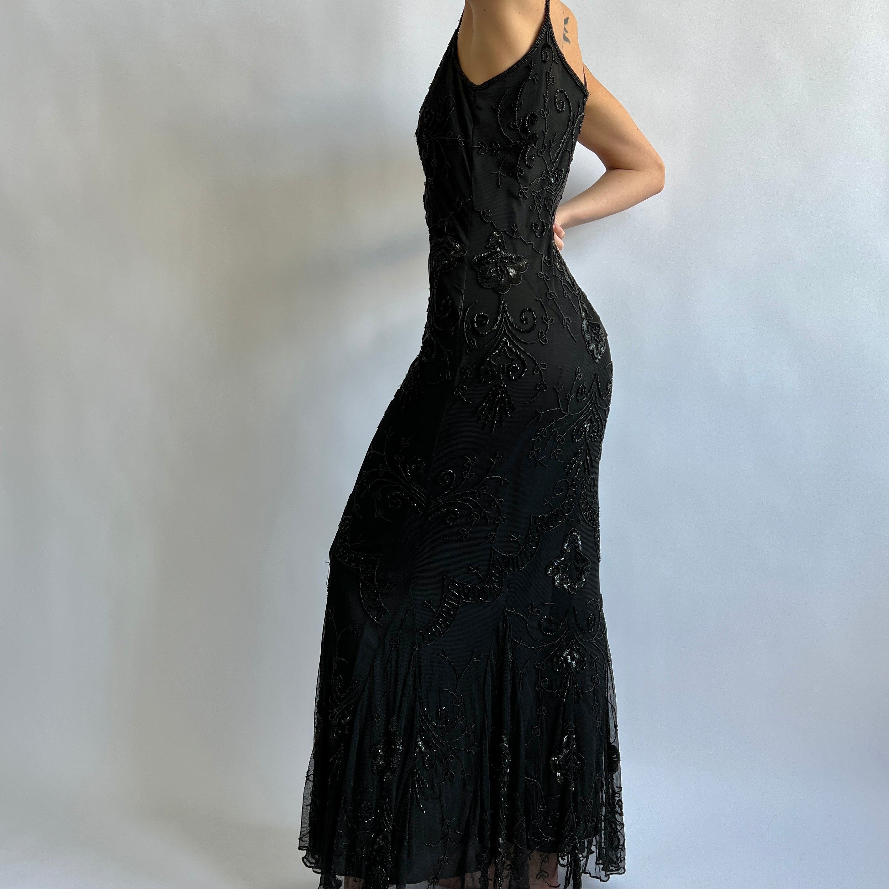heavily beaded black maxi dress
