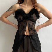 Vintage sheer cami with faux fur trim (XL)
