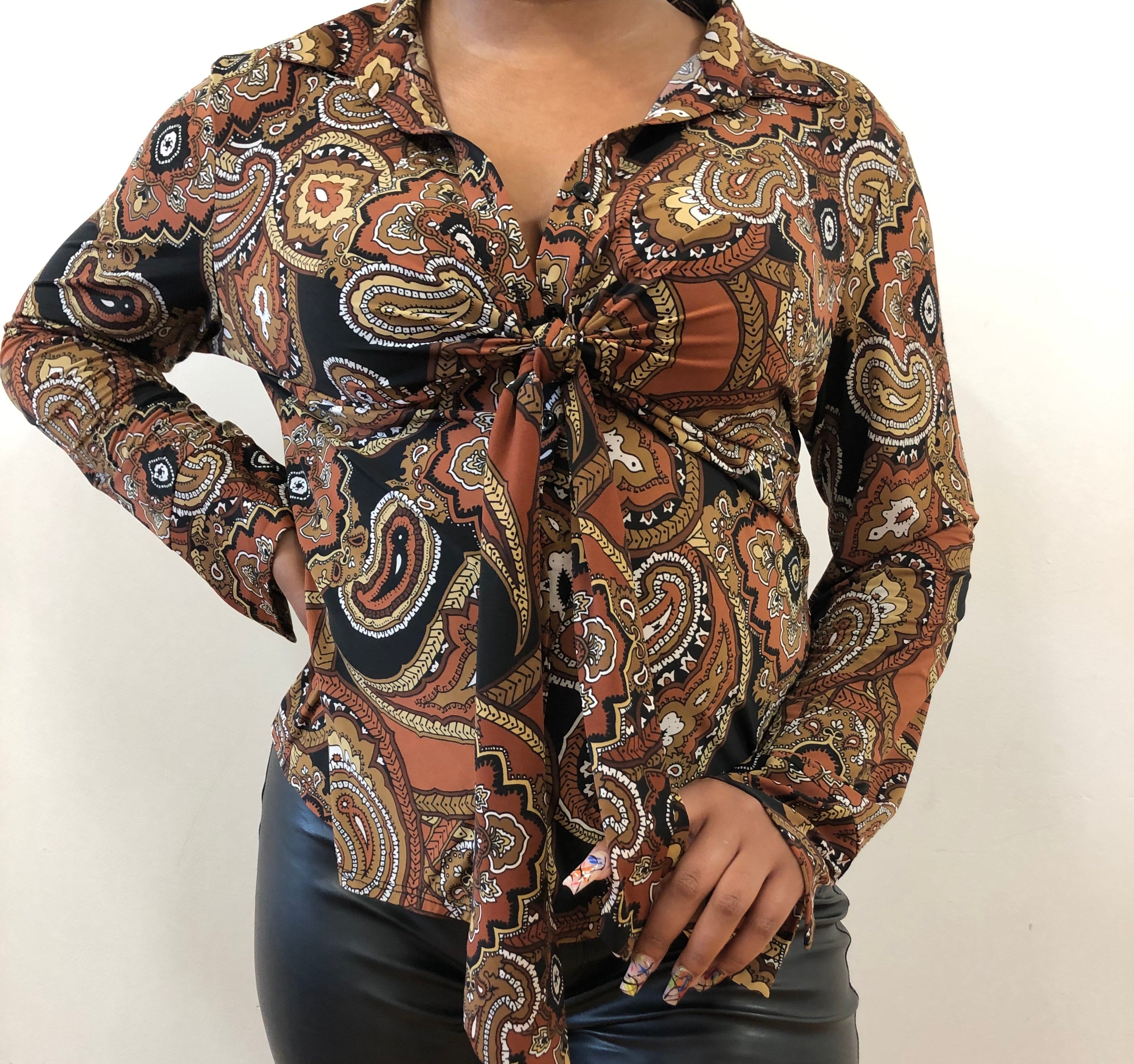 Brown tie button up top