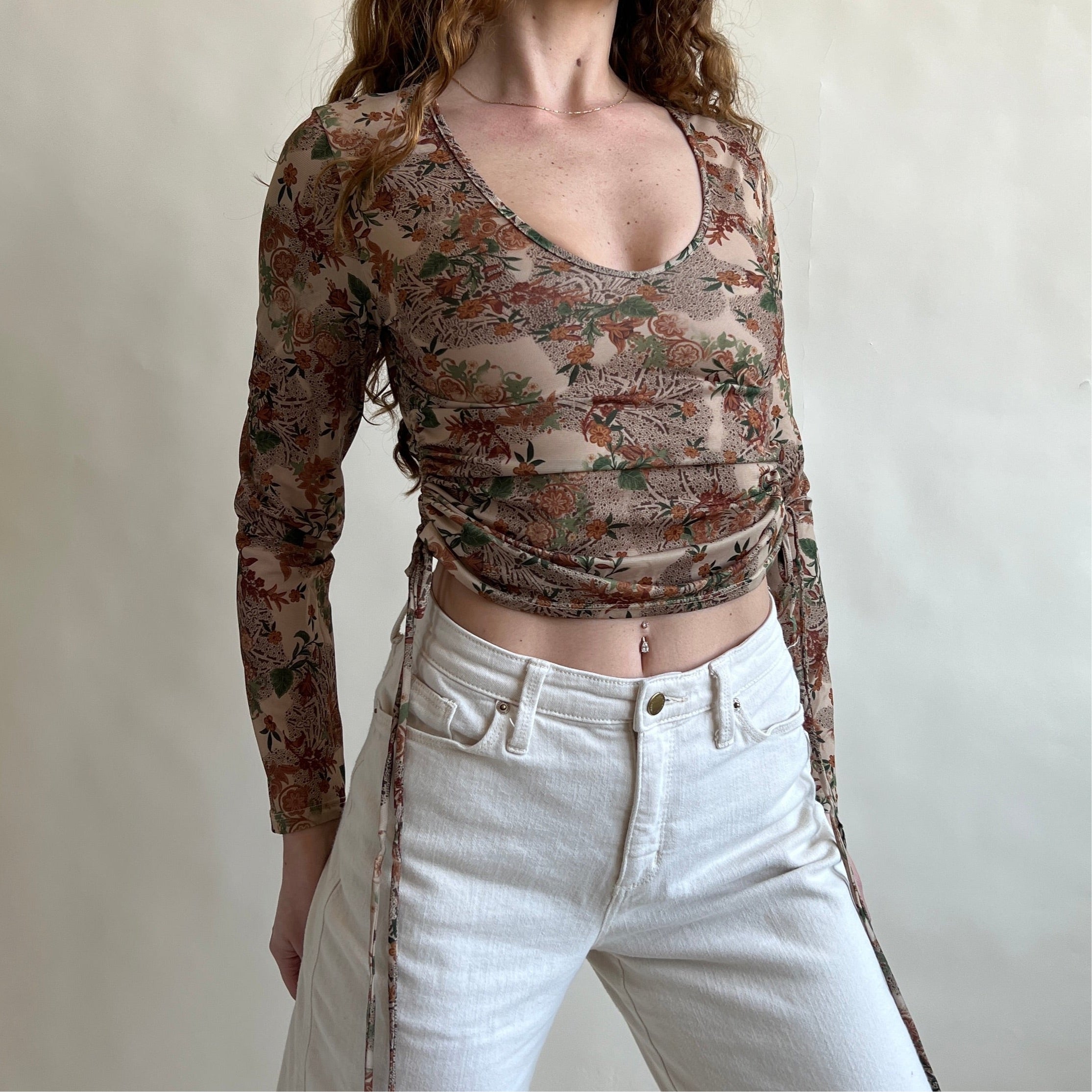 00s brown print semi sheer top
