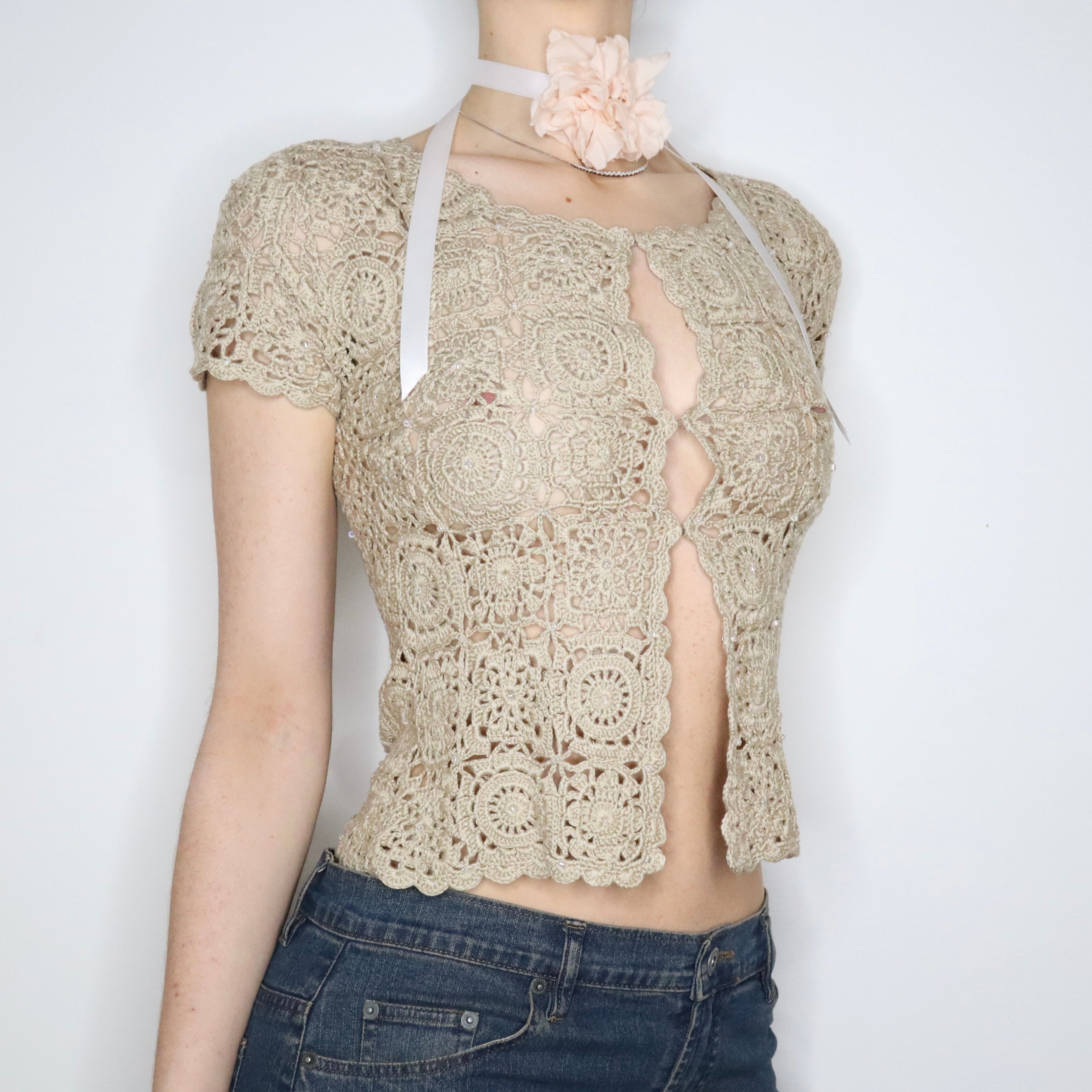 Beige Crochet Cardigan (XS-S) 