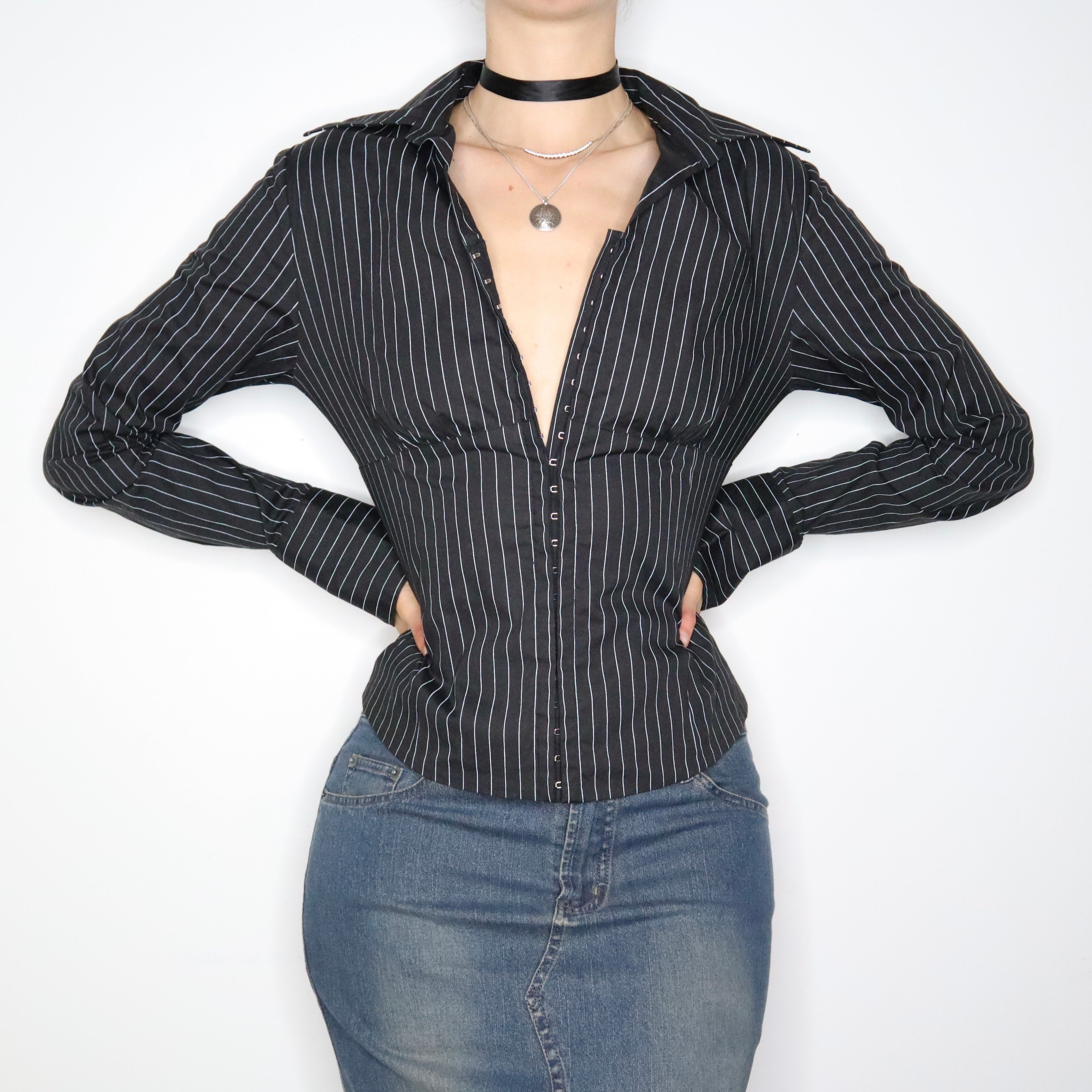 Pinstripe Hook and Eye Blouse (S-M)