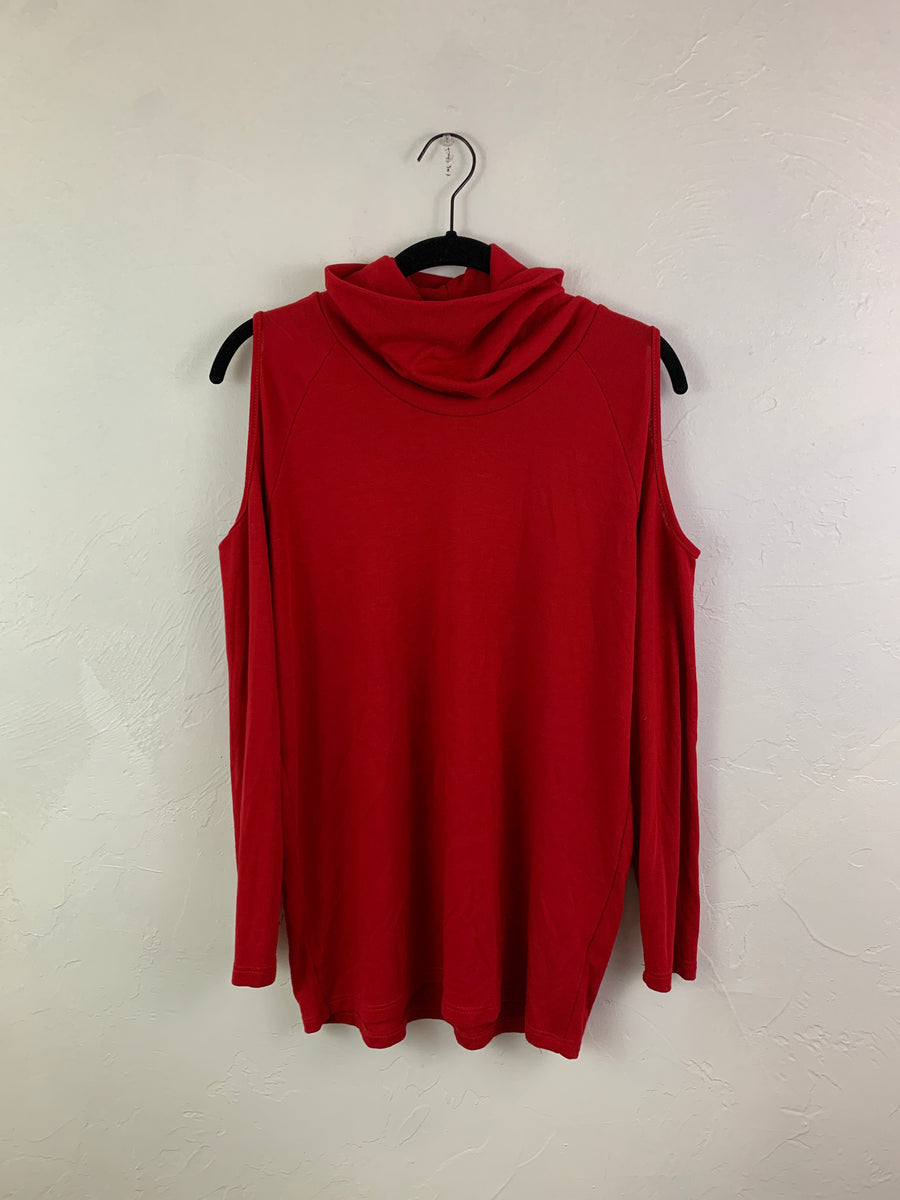 Red turtleneck cutout top