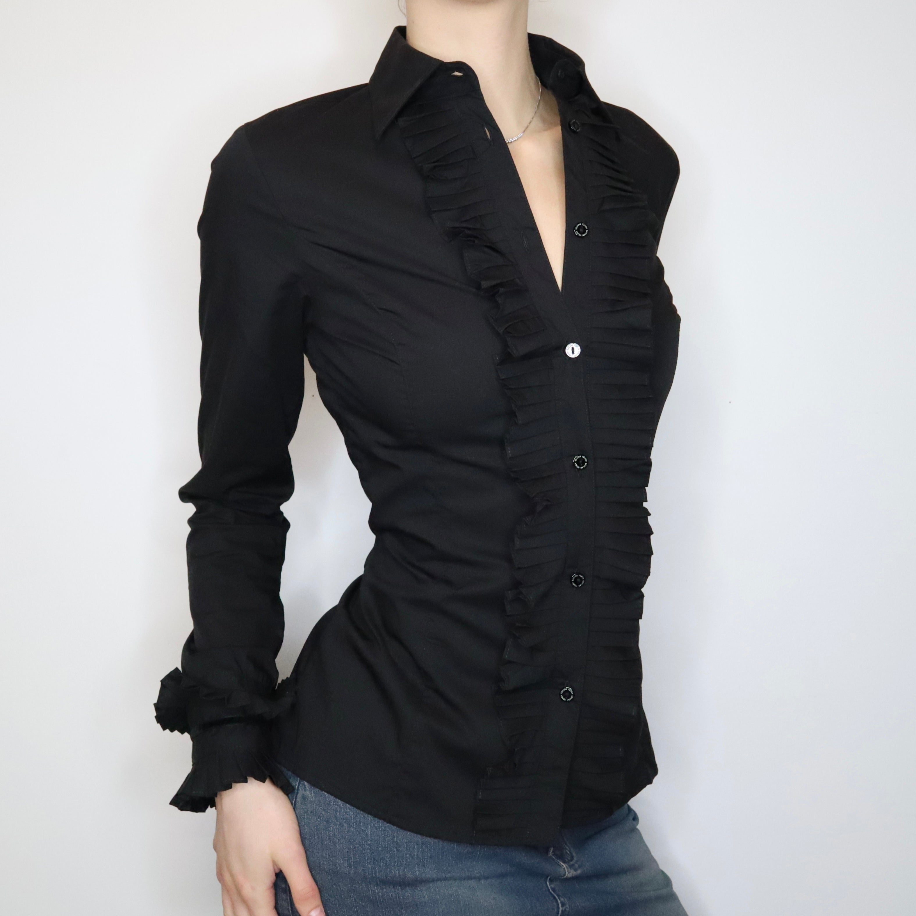 Black Ruffled Button Up Blouse (Medium) 