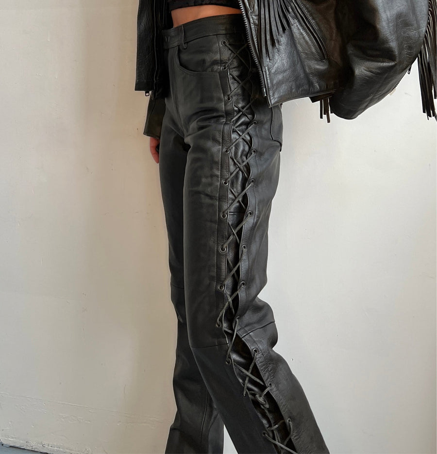 Vintage black leather lace up pant